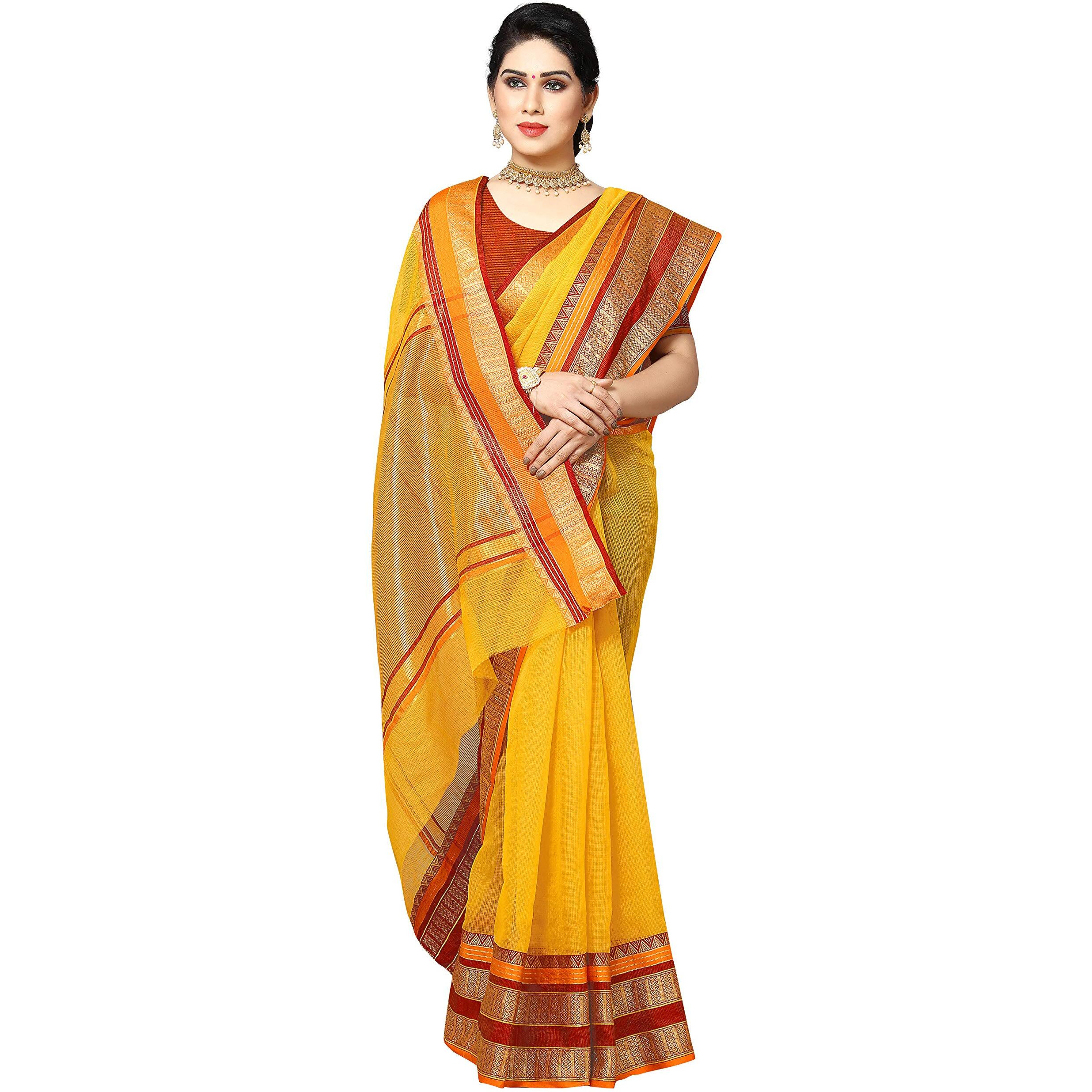 Sidhidata Womens Temple Border Kota Doria Cotton Manipuri Saree With Unstiched Blouse Piece (Kangana Yellow_Yellow_Free Size)