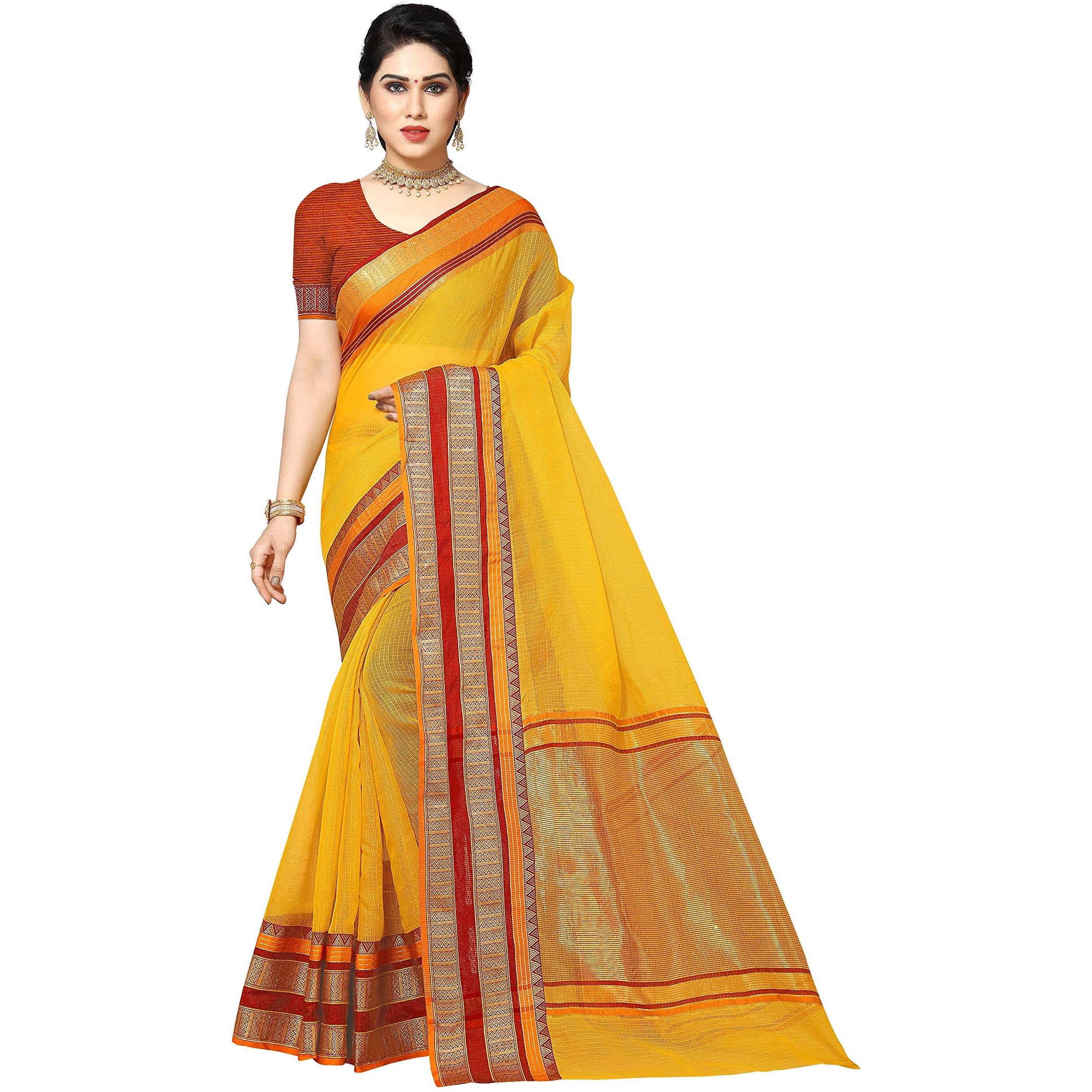 Sidhidata Womens Temple Border Kota Doria Cotton Manipuri Saree With Unstiched Blouse Piece (Kangana Yellow_Yellow_Free Size)