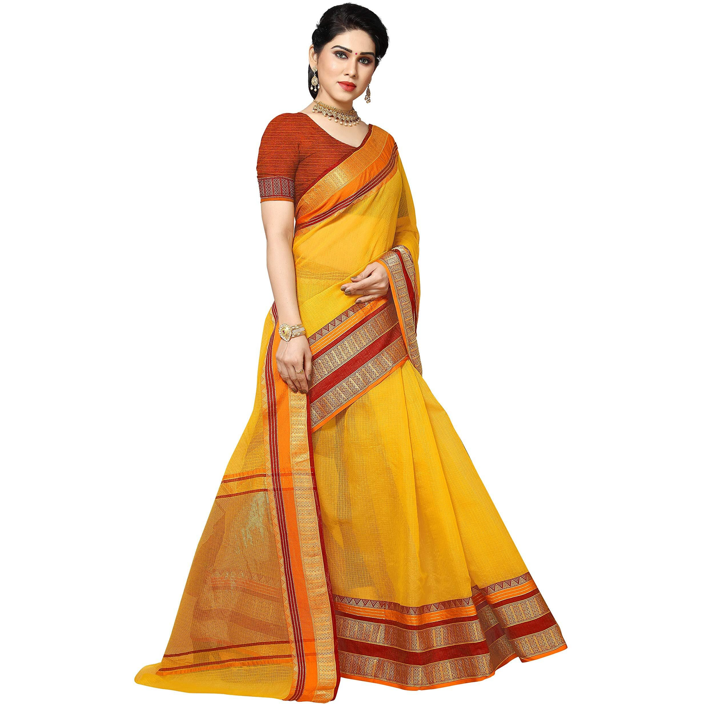 Sidhidata Womens Temple Border Kota Doria Cotton Manipuri Saree With Unstiched Blouse Piece (Kangana Yellow_Yellow_Free Size)