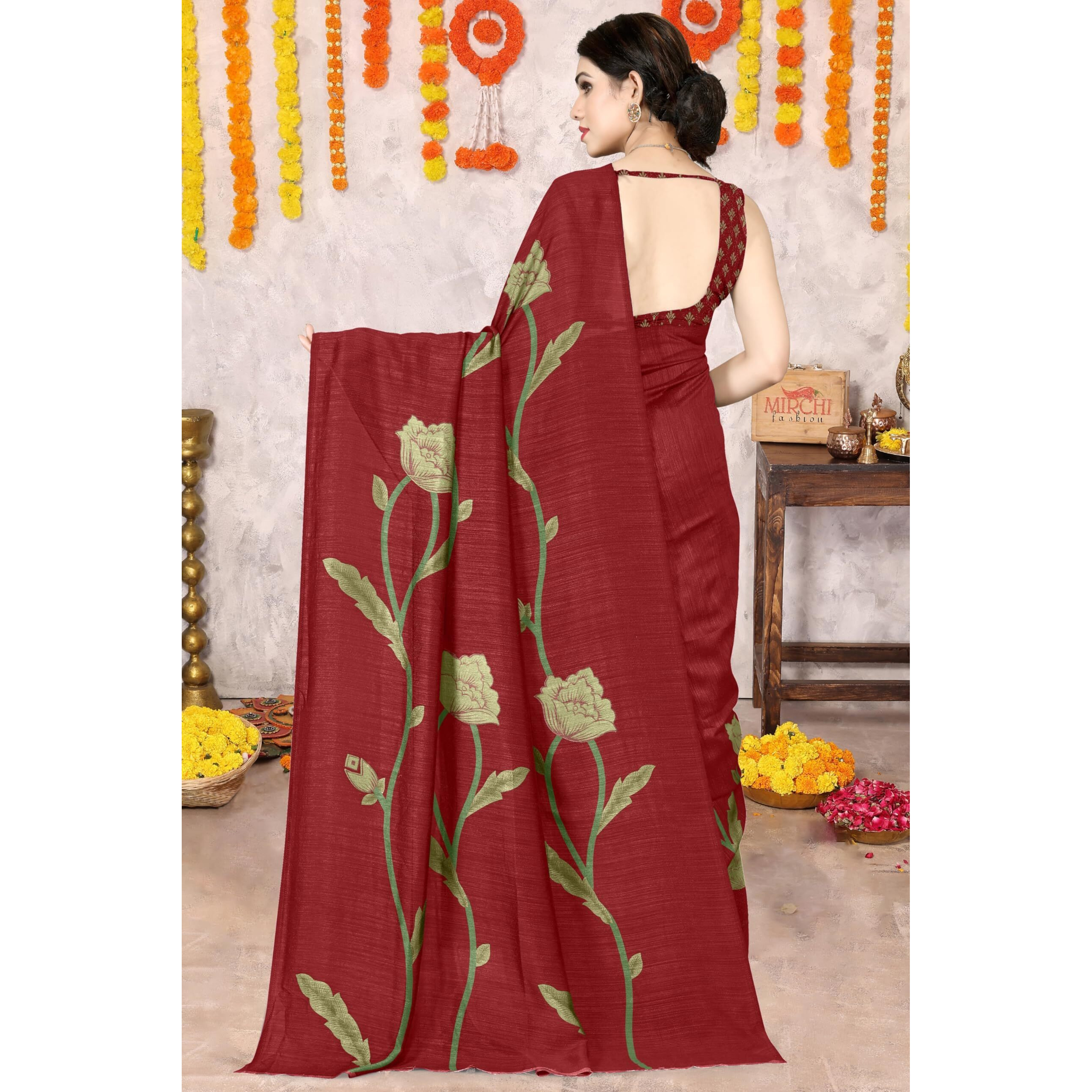 SOURBH Womens Vichitra Silk Floral Printed Saree with Blouse Piece (R41045-Red, Olive Green)