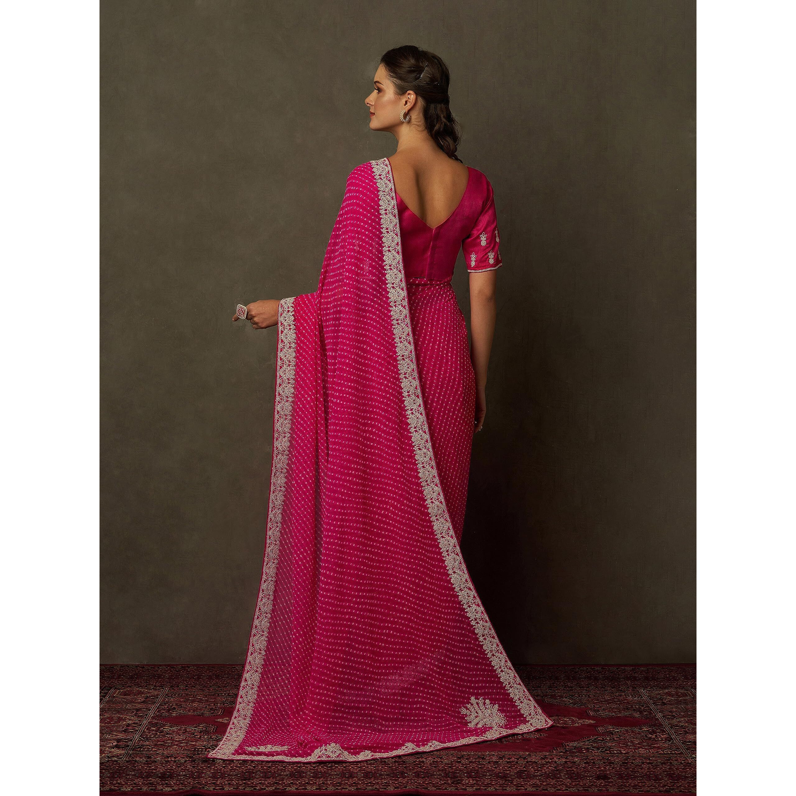 AKHILAM Womens Embellished Gota Work Georgette Bandhani Saree With Unstiched Blouse Piece (Barbie Pink_DHNIYA461_DC)