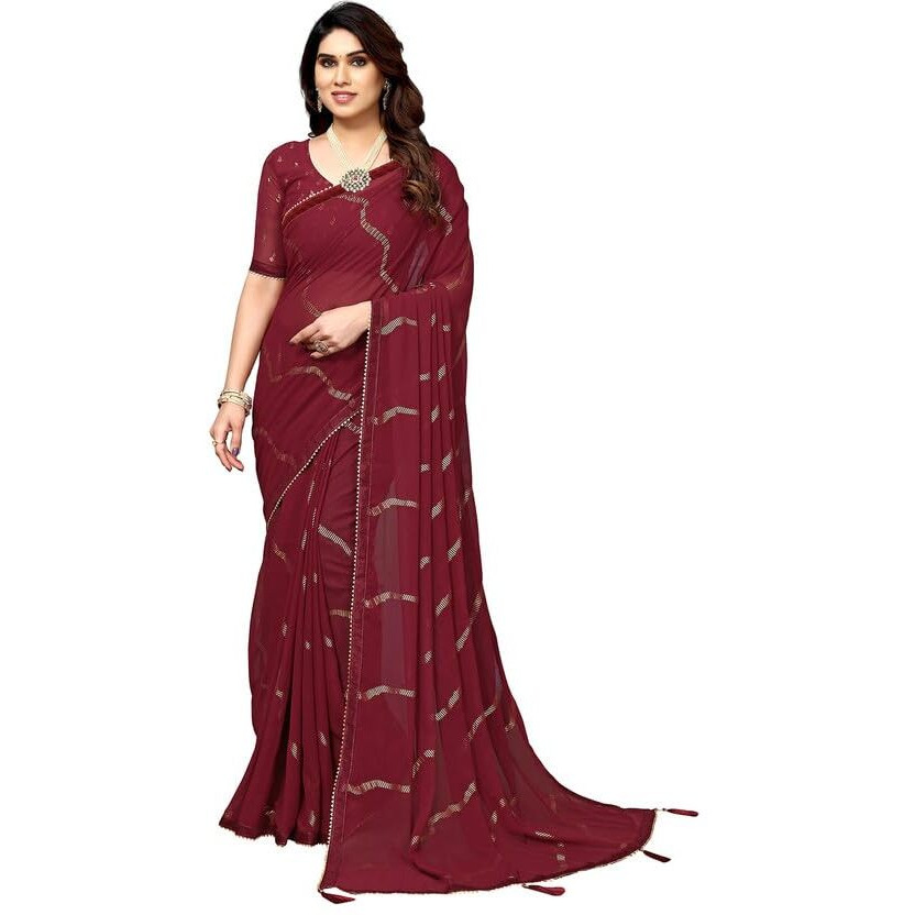 Satrani Womens Georgette Foil Printed & Lace Saree with Unstitched Blouse Piece (3184S2266NA_Maroon3)