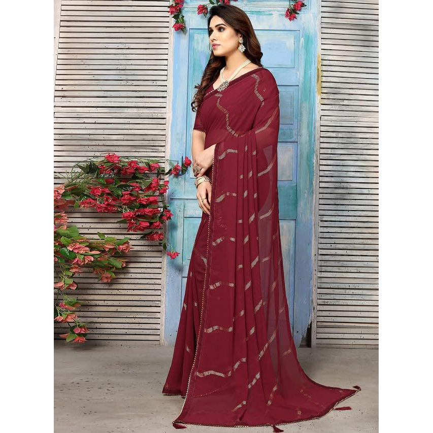 Satrani Womens Georgette Foil Printed & Lace Saree with Unstitched Blouse Piece (3184S2266NA_Maroon3)