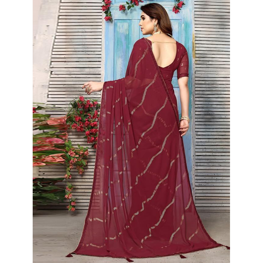 Satrani Womens Georgette Foil Printed & Lace Saree with Unstitched Blouse Piece (3184S2266NA_Maroon3)