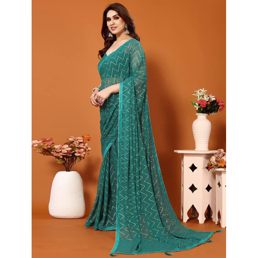 Satrani WomenS Georgette Foil Print Saree With Unstitched Blouse Piece(3066S2125N_Green)