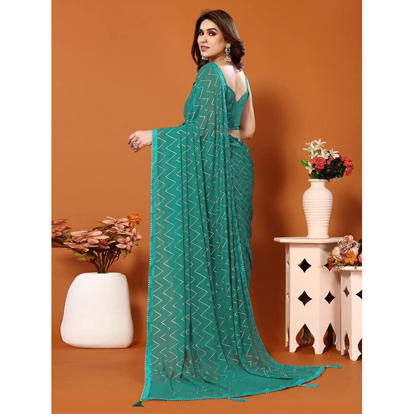 Satrani WomenS Georgette Foil Print Saree With Unstitched Blouse Piece(3066S2125N_Green)