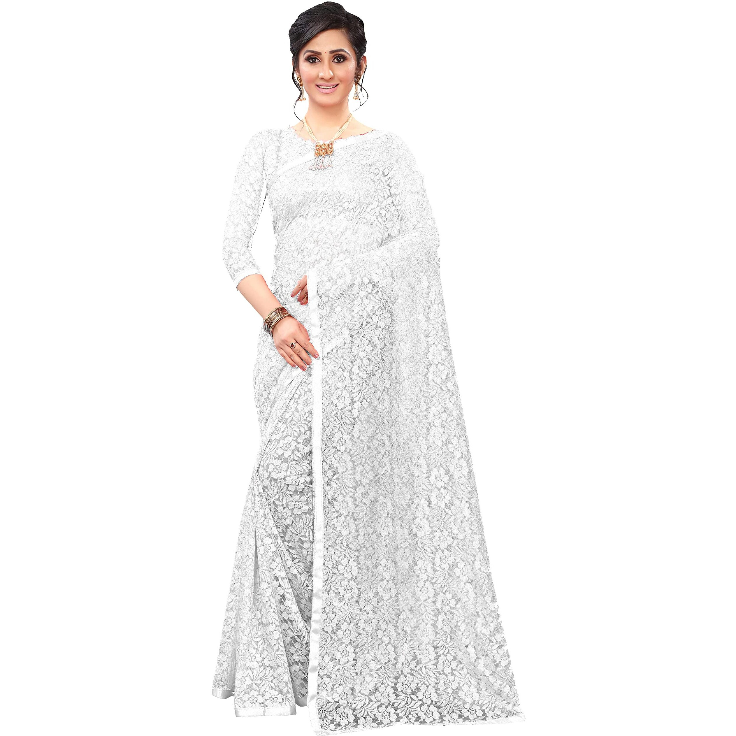 LOROFY Womens Net Saree (With Blouse_Free Size) (White)