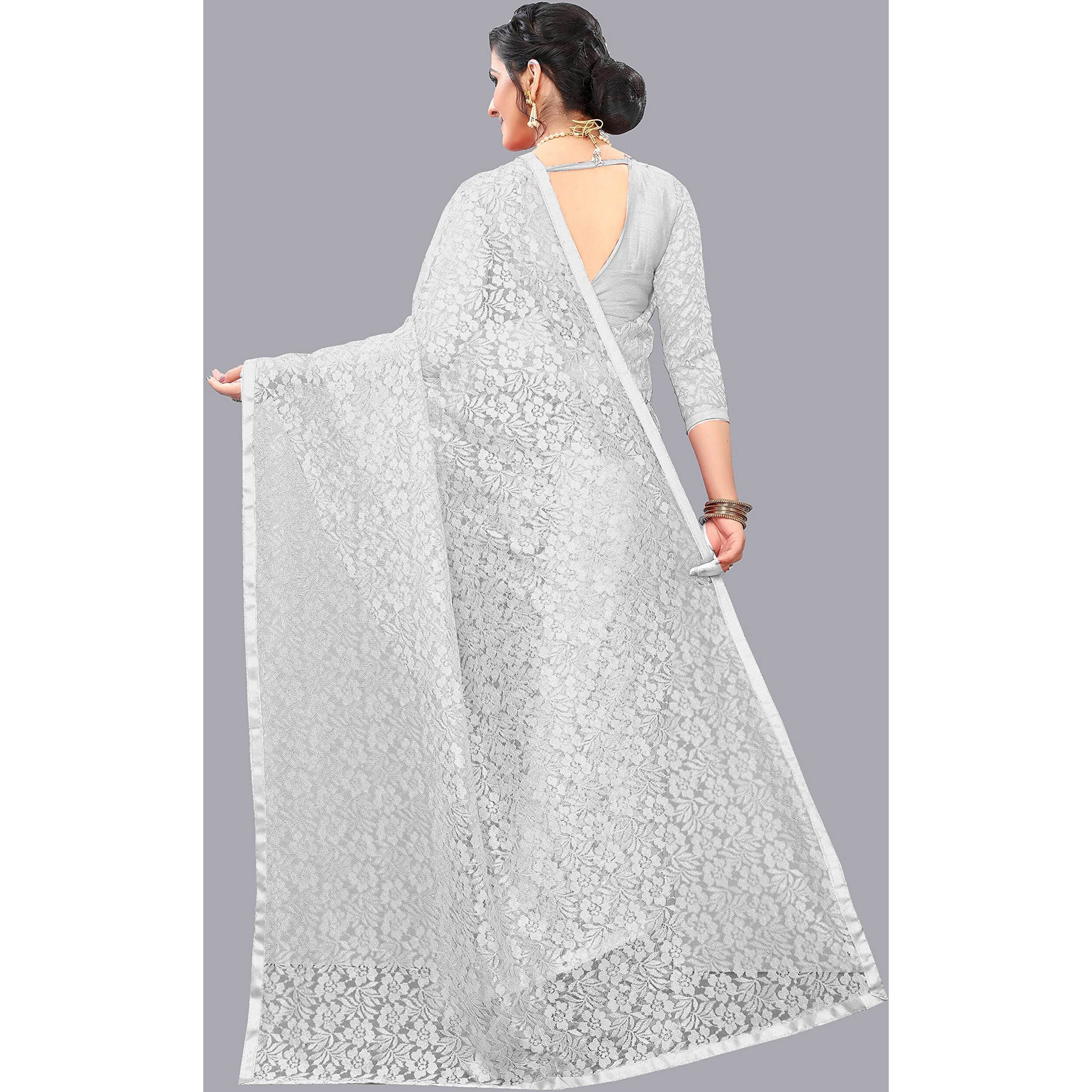 LOROFY Womens Net Saree (With Blouse_Free Size) (White)