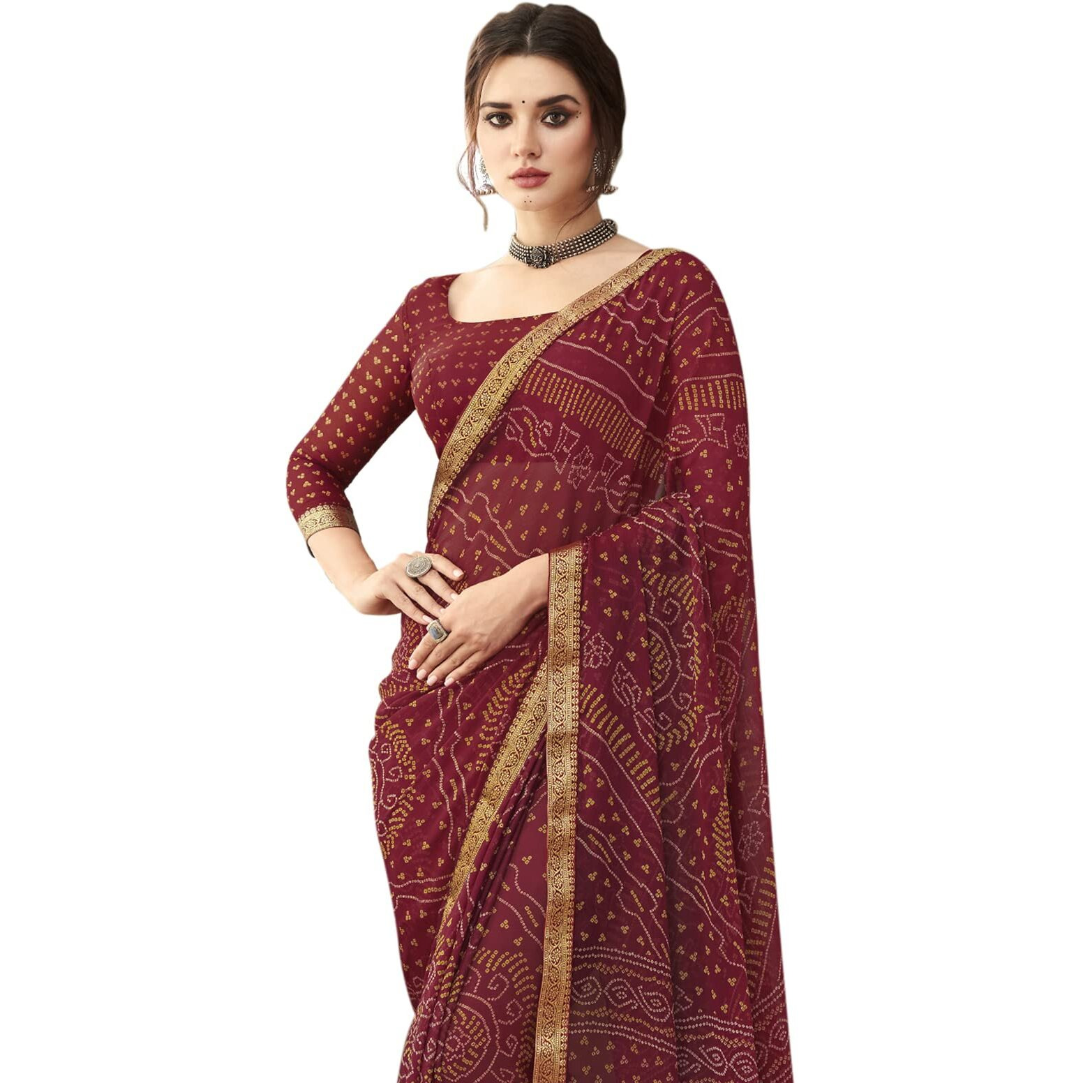 SIRIL Womens Bandhani Printed & Lace Chiffon Saree with Blouse(2202S872_Maroon1)