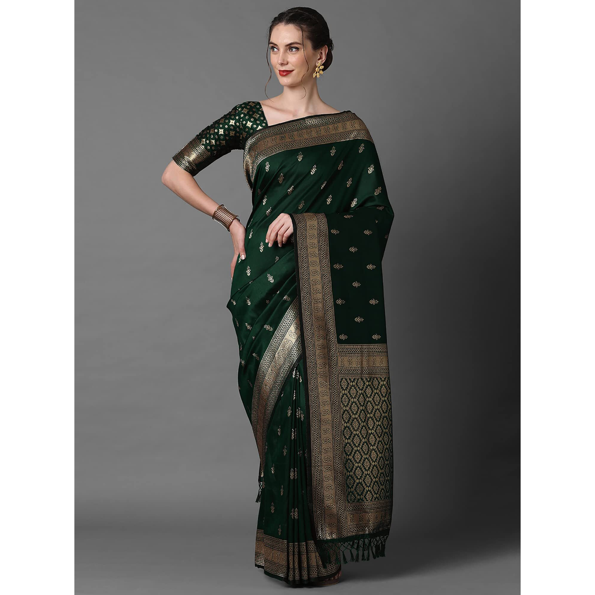 AKHILAM Womens Banarasi Silk Blend Woven Design Golden zari Work Saree With Unstitched Blouse Piece (Green_2PAKHI4103C)