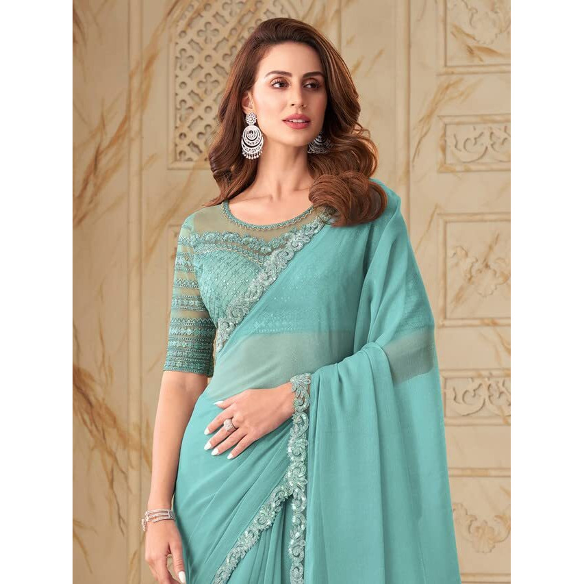 Satrani Womens Pure Chiffon Saree (2992S2673N_Light Blue)