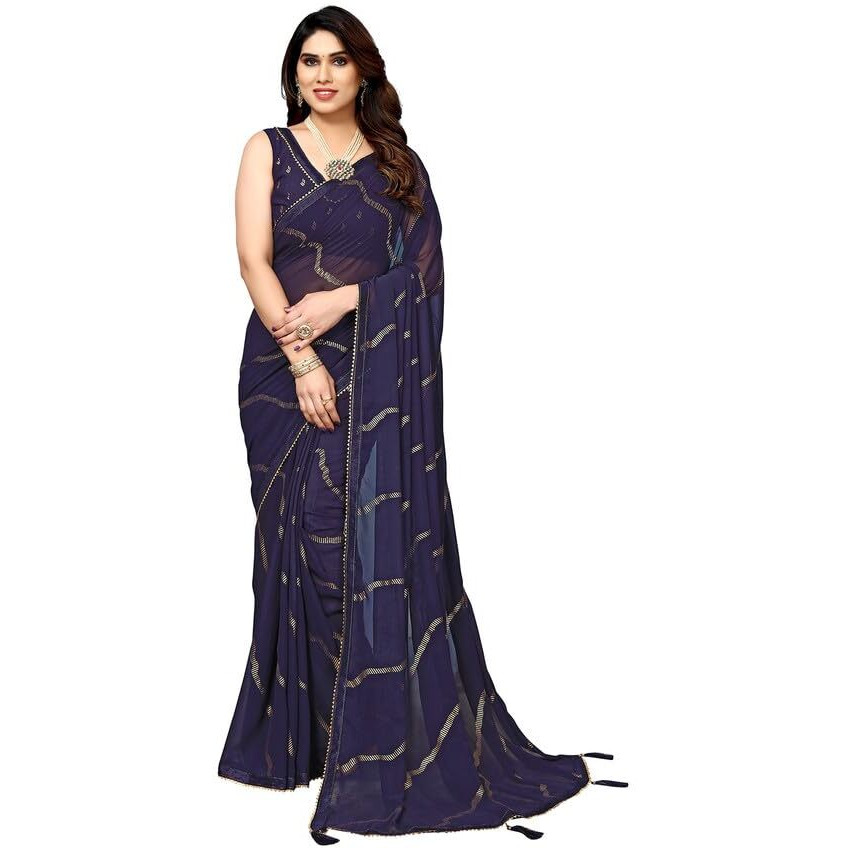 Satrani Womens Georgette Foil Printed & Lace Saree with Unstitched Blouse Piece (3184S2270NA_Navy Blue4)