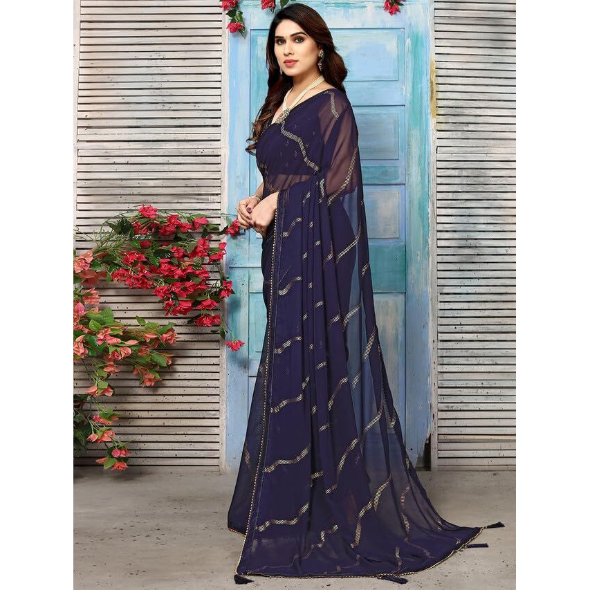 Satrani Womens Georgette Foil Printed & Lace Saree with Unstitched Blouse Piece (3184S2270NA_Navy Blue4)