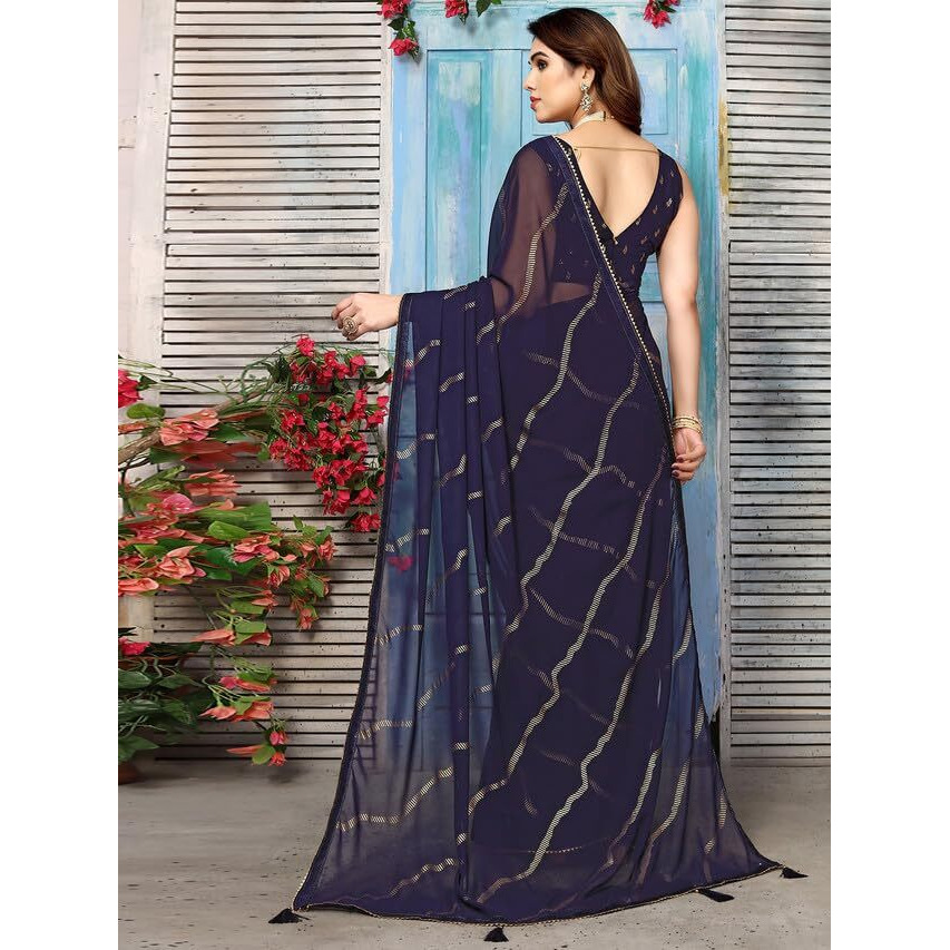 Satrani Womens Georgette Foil Printed & Lace Saree with Unstitched Blouse Piece (3184S2270NA_Navy Blue4)