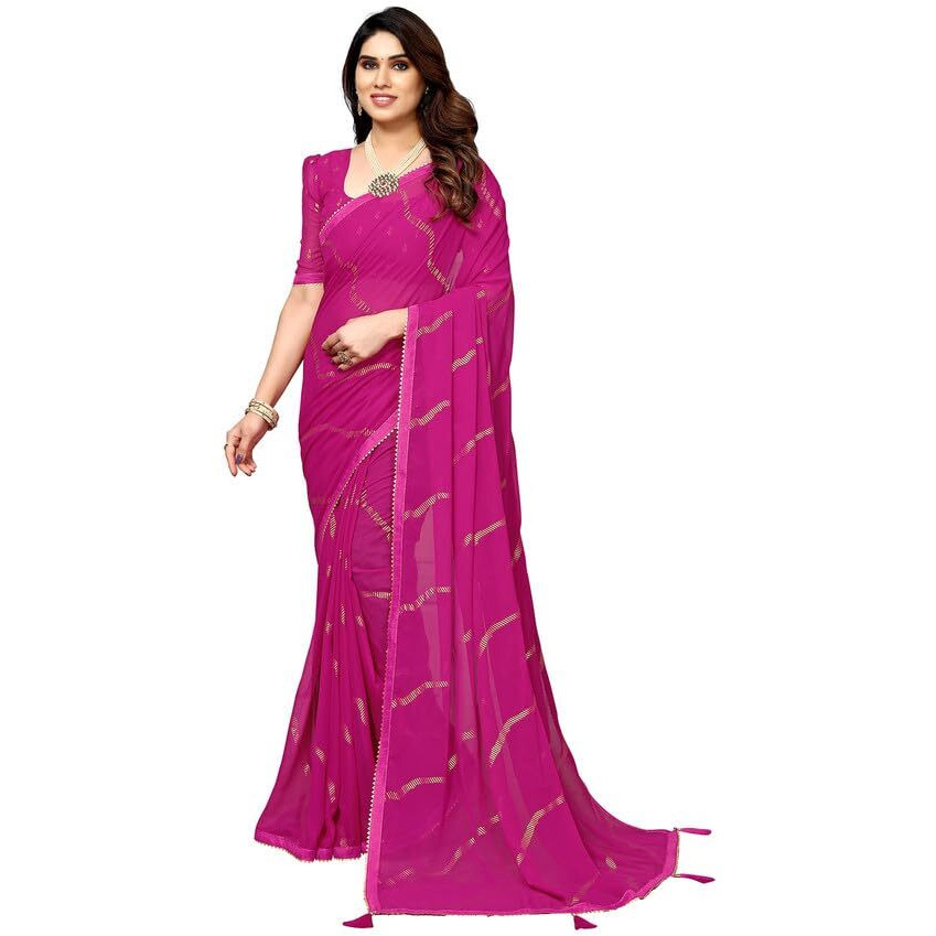 Satrani Womens Georgette Foil Printed & Lace Saree with Unstitched Blouse Piece (3184S2268NA_Rani Pink3)