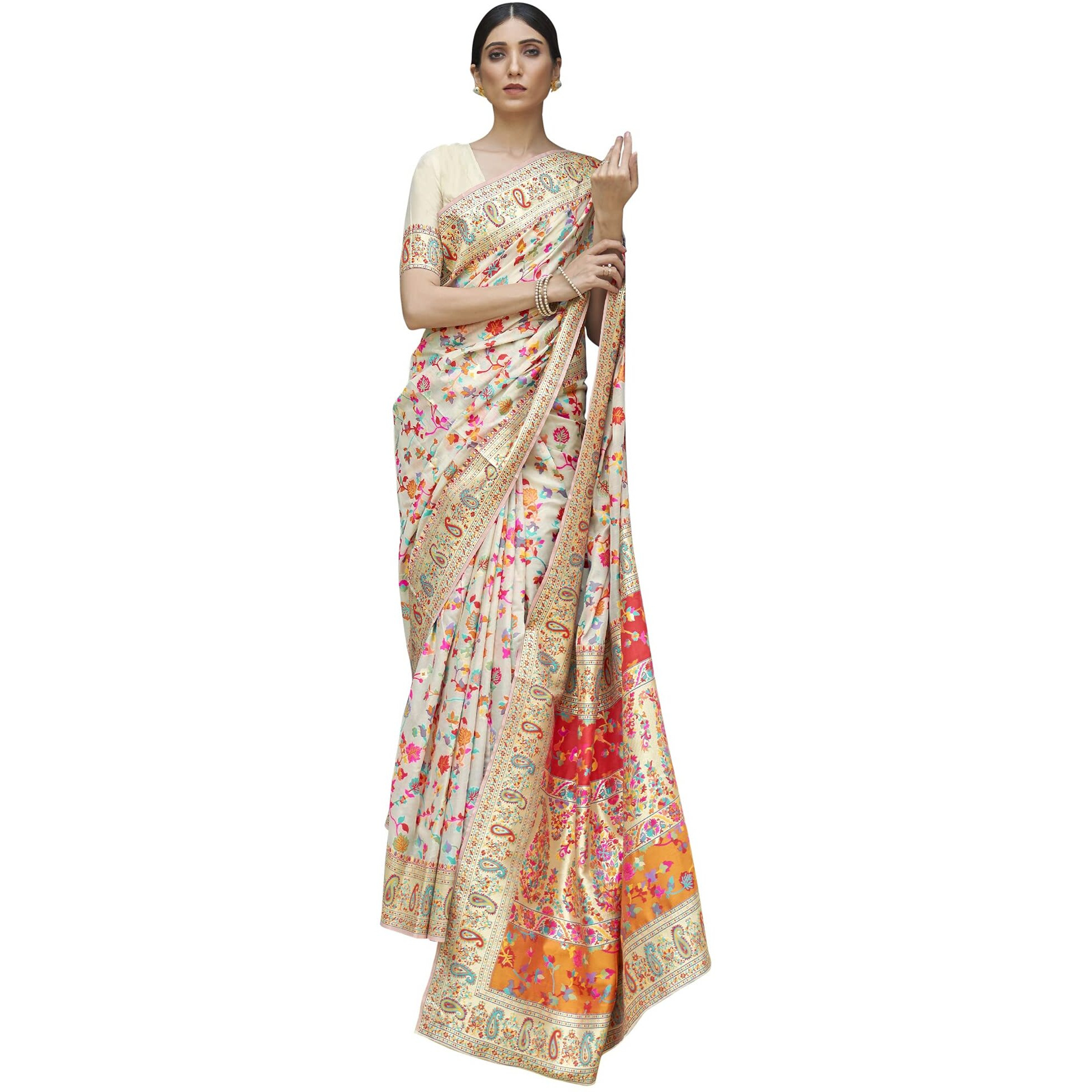 AKHILAM Womens Kashmiri Kanjivaram Pure Silk Golden Zari Woven Design Saree With Unstitched Blouse Piece (Cream_KSHFA201001)