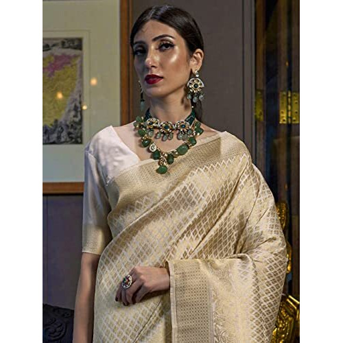 AKHILAM Womens Kanjivaram banarasi silk Woven Design Saree With Unstitched Blouse Piece (Creamy White_KNDIN145003_5)