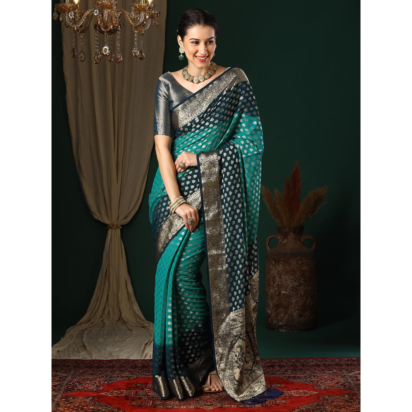 AKHILAM Womens Blue Georgette Zari Woven Design Saree with Unstitched Blouse Piece (ARYA2703_FL)