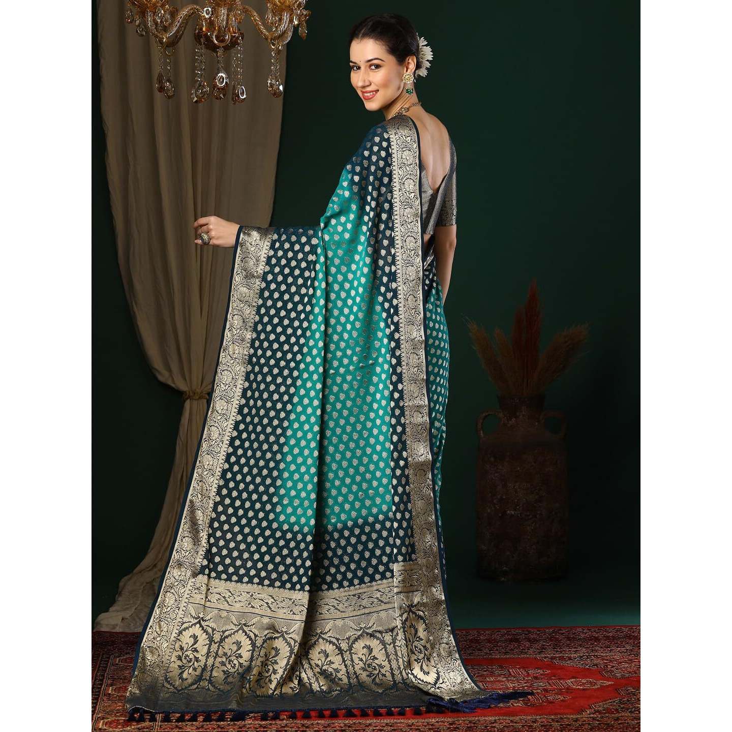 AKHILAM Womens Blue Georgette Zari Woven Design Saree with Unstitched Blouse Piece (ARYA2703_FL)