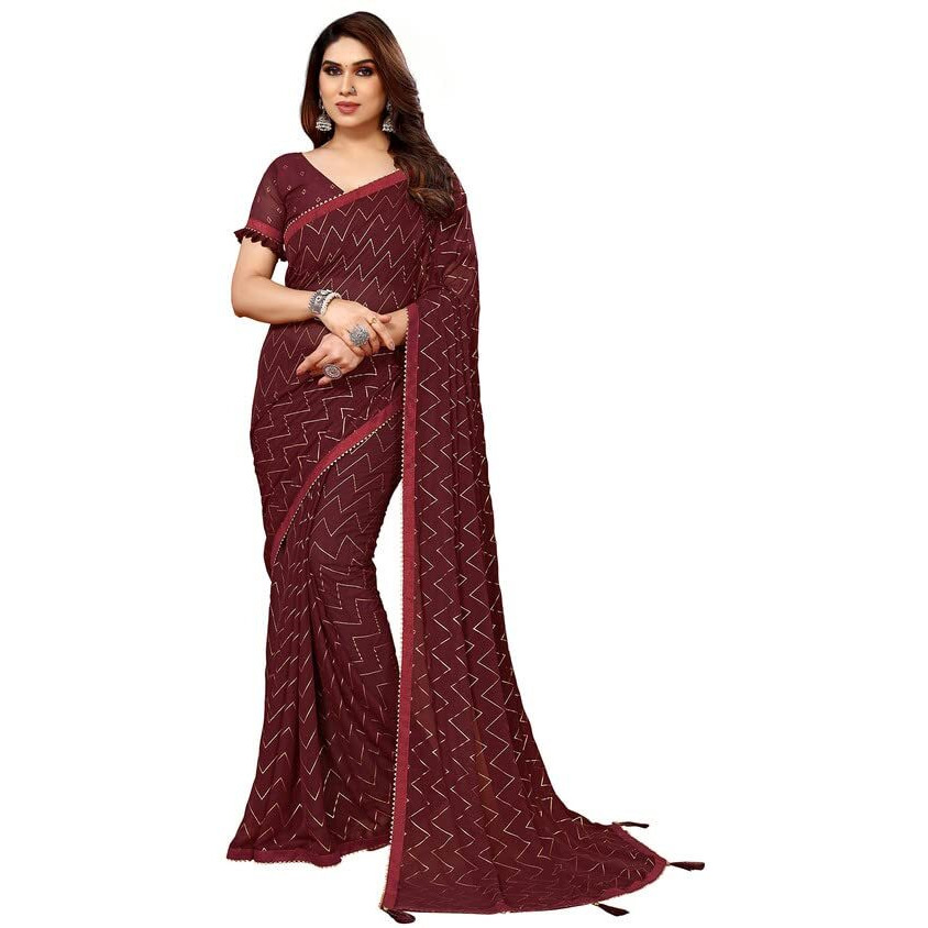 Satrani WomenS Georgette Foil Print Saree With Unstitched Blouse Piece(3066S2122N_Maroon)