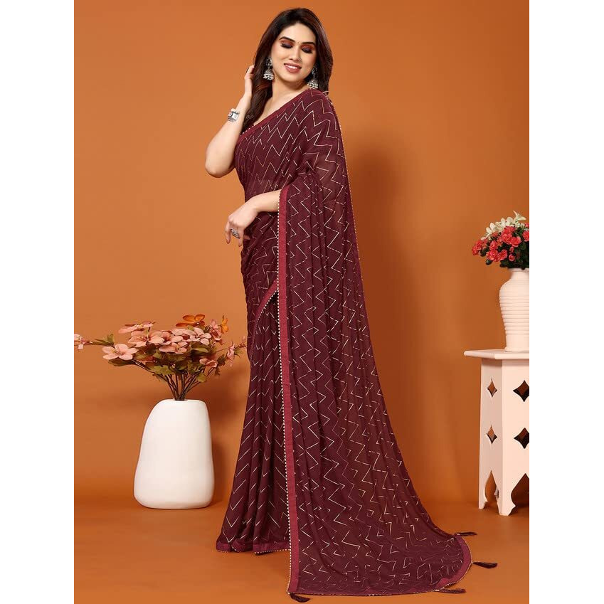 Satrani WomenS Georgette Foil Print Saree With Unstitched Blouse Piece(3066S2122N_Maroon)