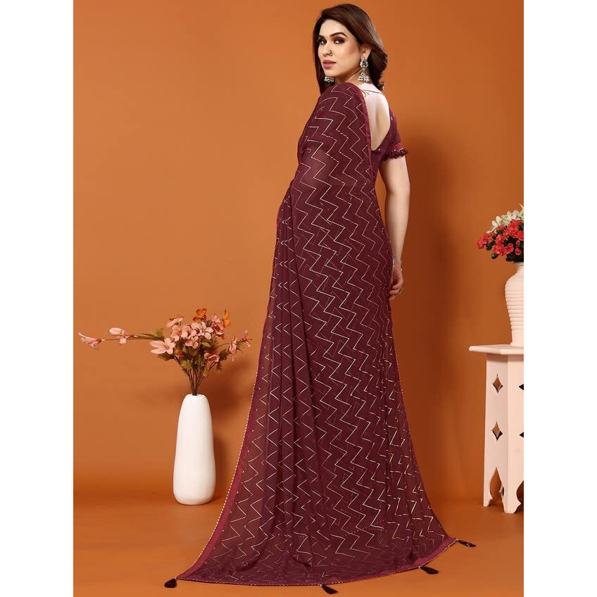 Satrani WomenS Georgette Foil Print Saree With Unstitched Blouse Piece(3066S2122N_Maroon)