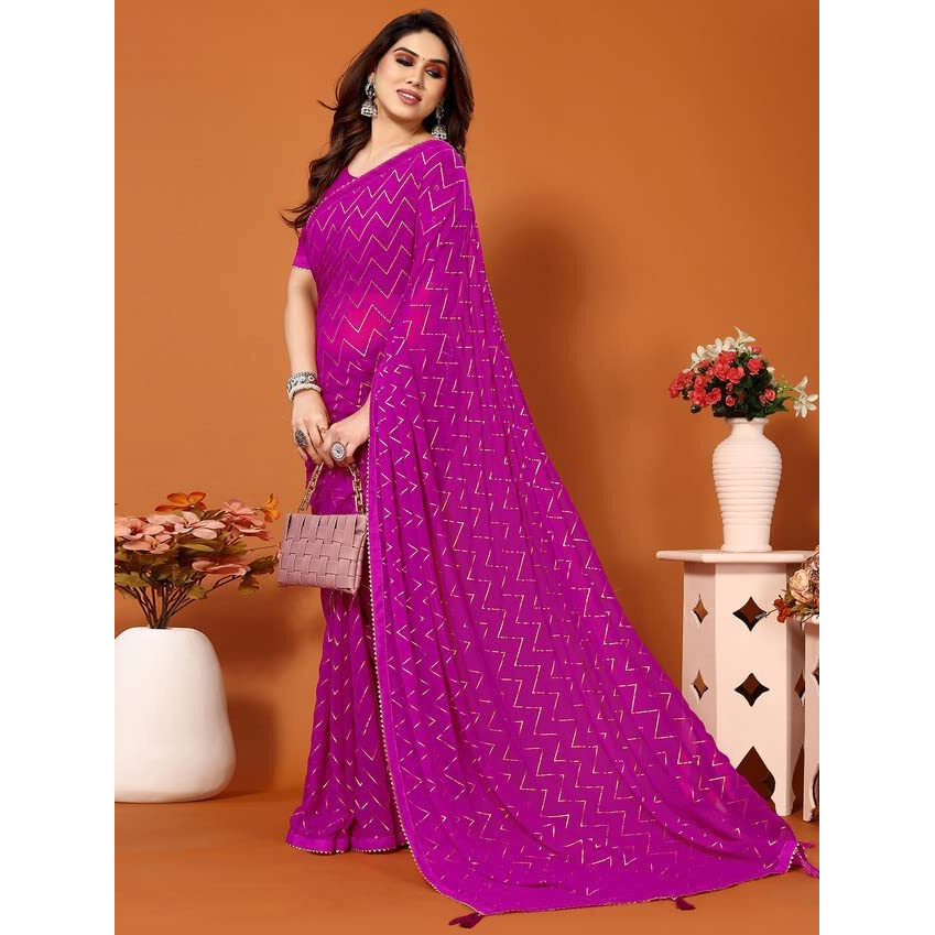 Satrani WomenS Georgette Foil Print Saree With Unstitched Blouse Piece(3066S2121N_Pink)