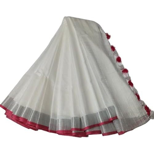 STB-SILK TEXTILES BHAGALPUR Womens Linen Slub Saree With Contrast Blouse Piece (White)