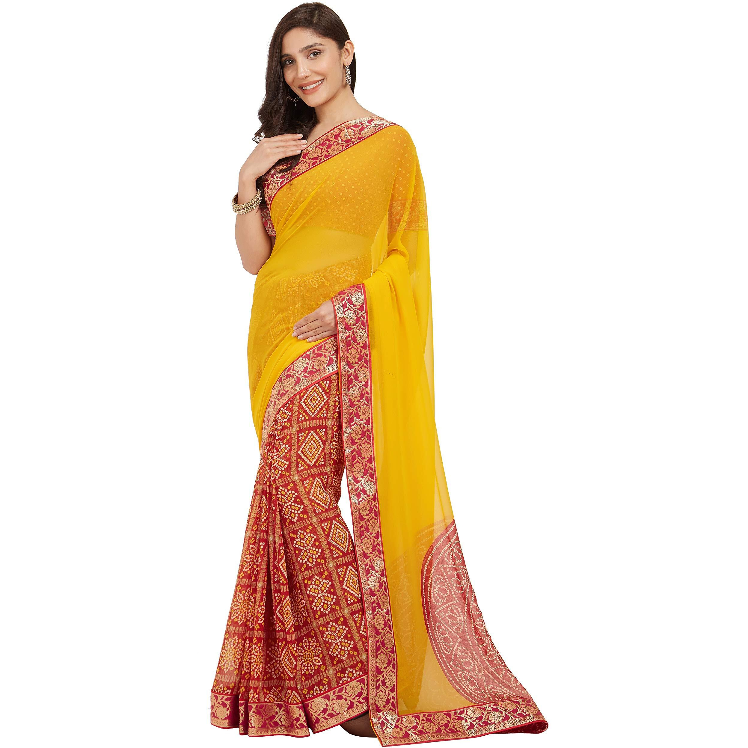 SOURBH Womens Faux Georgette Bandhani Prints Half and Half Style Saree with Blouse Piece (7246-Light Orange, Red)