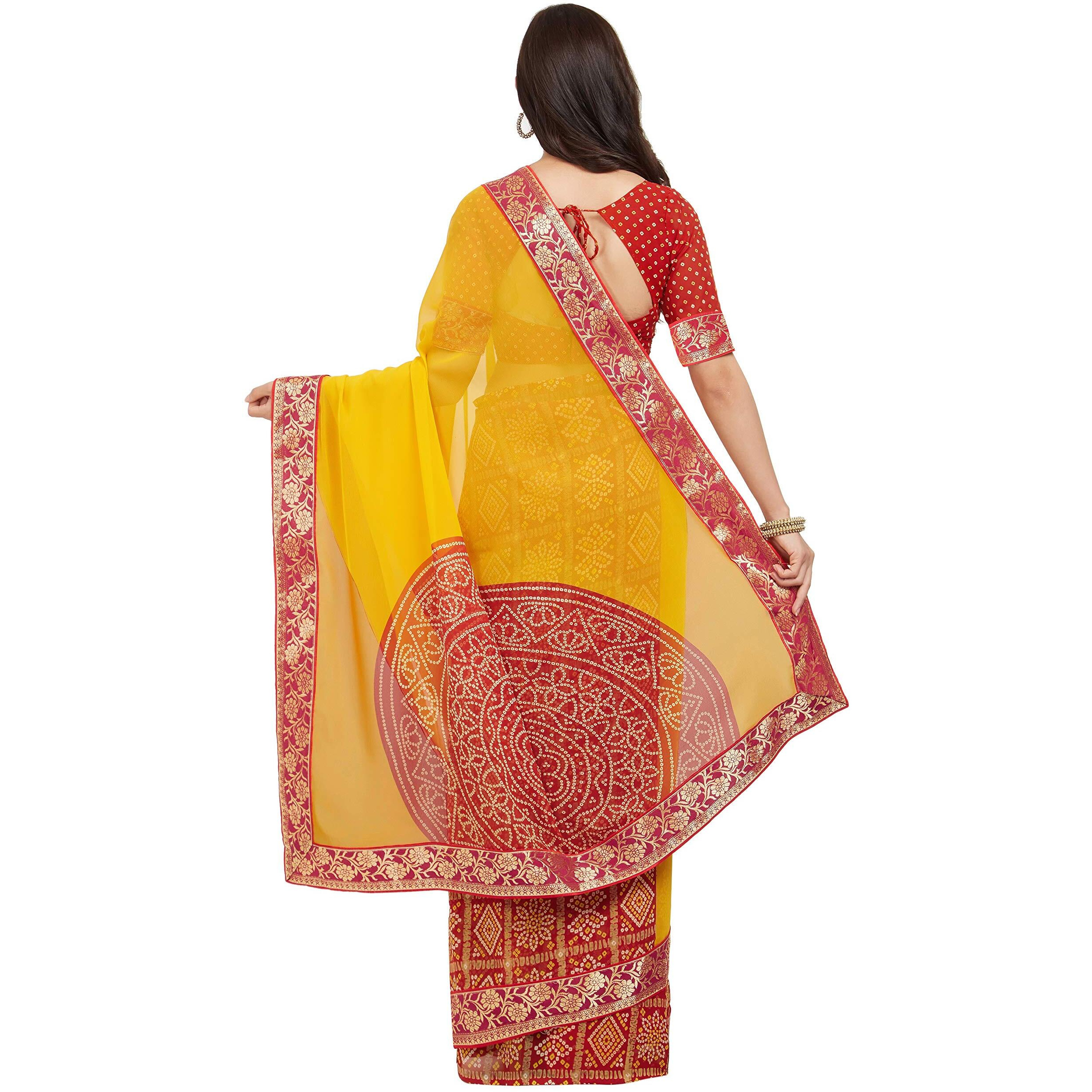 SOURBH Womens Faux Georgette Bandhani Prints Half and Half Style Saree with Blouse Piece (7246-Light Orange, Red)