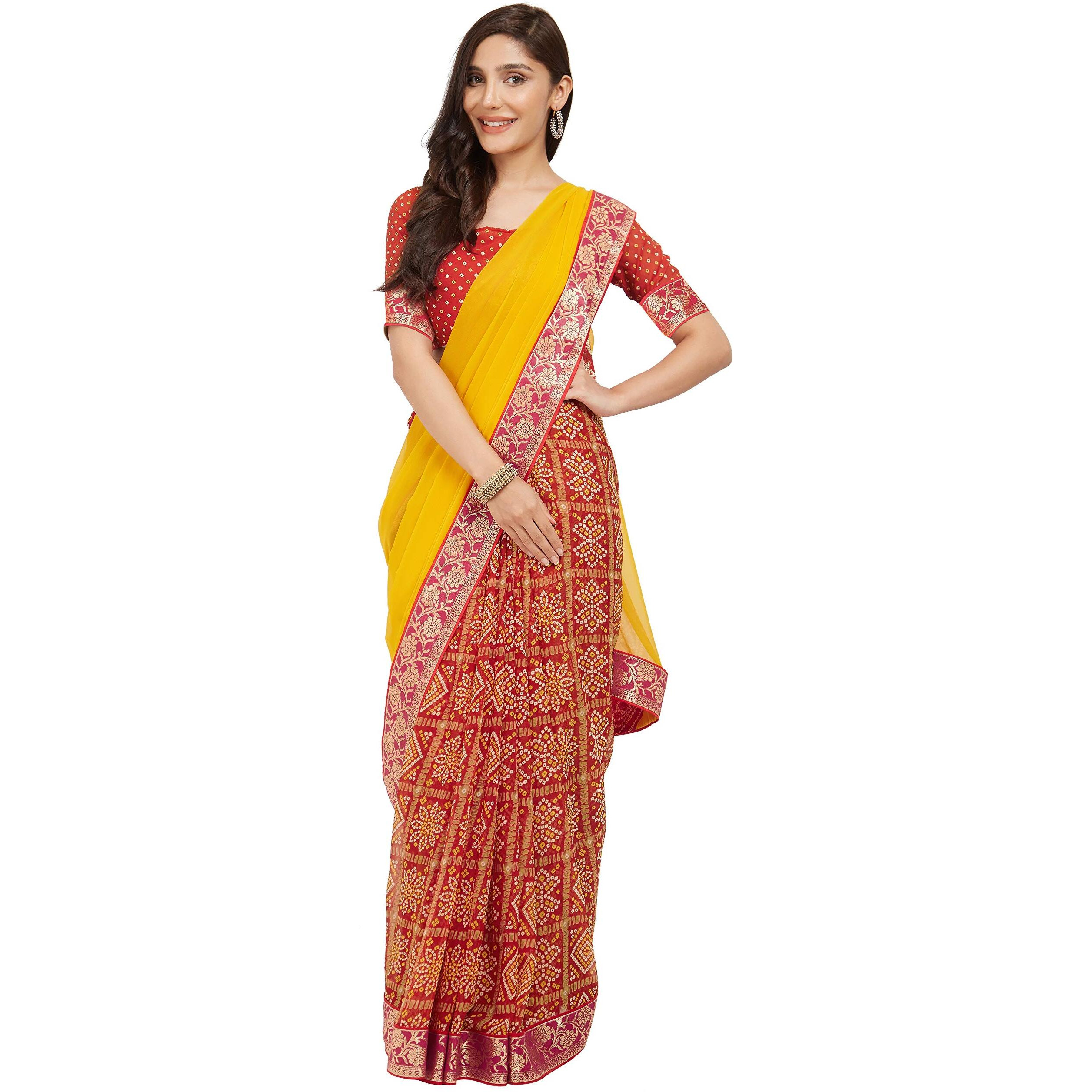 SOURBH Womens Faux Georgette Bandhani Prints Half and Half Style Saree with Blouse Piece (7246-Light Orange, Red)