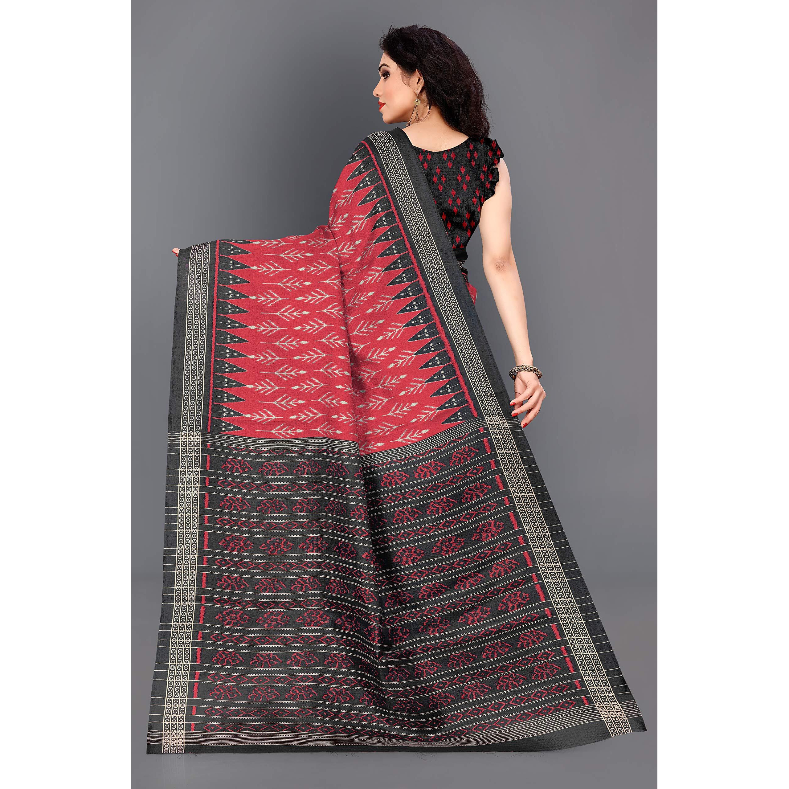 SOURBH Womens Art Silk Ikat Dyed Printed Saree with Blouse Piece (22084-Red, Black)