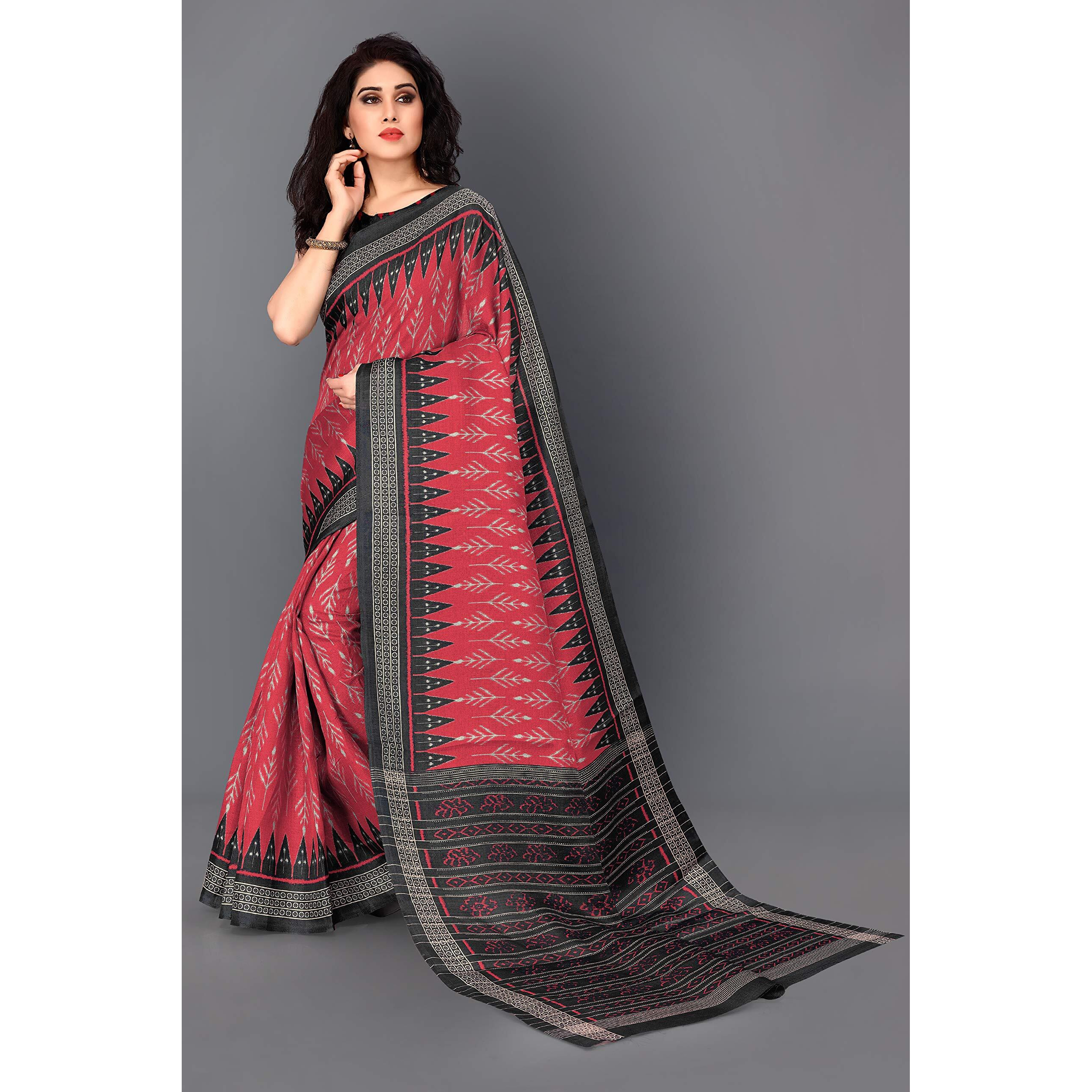 SOURBH Womens Art Silk Ikat Dyed Printed Saree with Blouse Piece (22084-Red, Black)