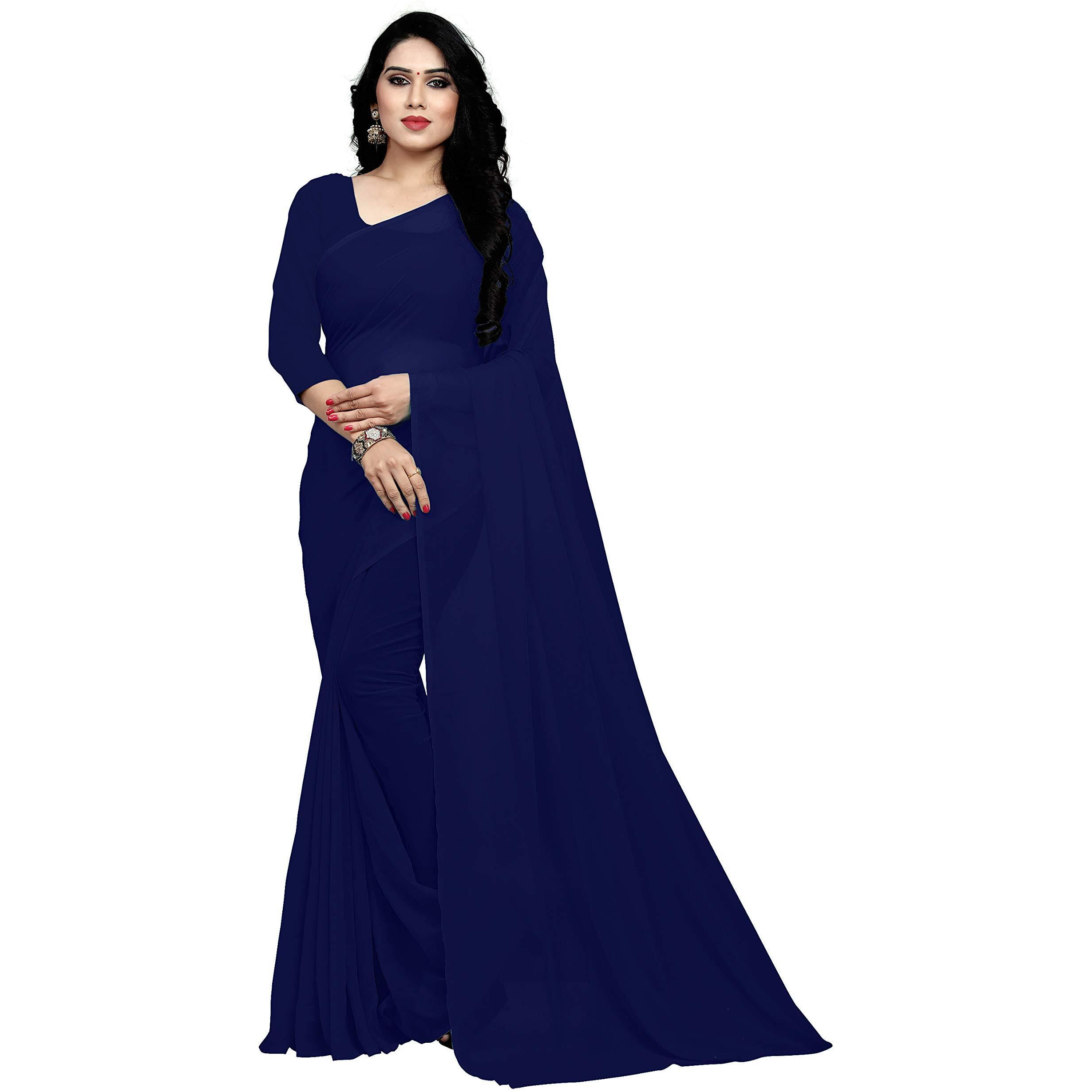 Sidhidata Textile Womens Plain Solid Pure Georgette saree With Unstitched Blouse Piece (plain navy blue__navy blue_Free Size)