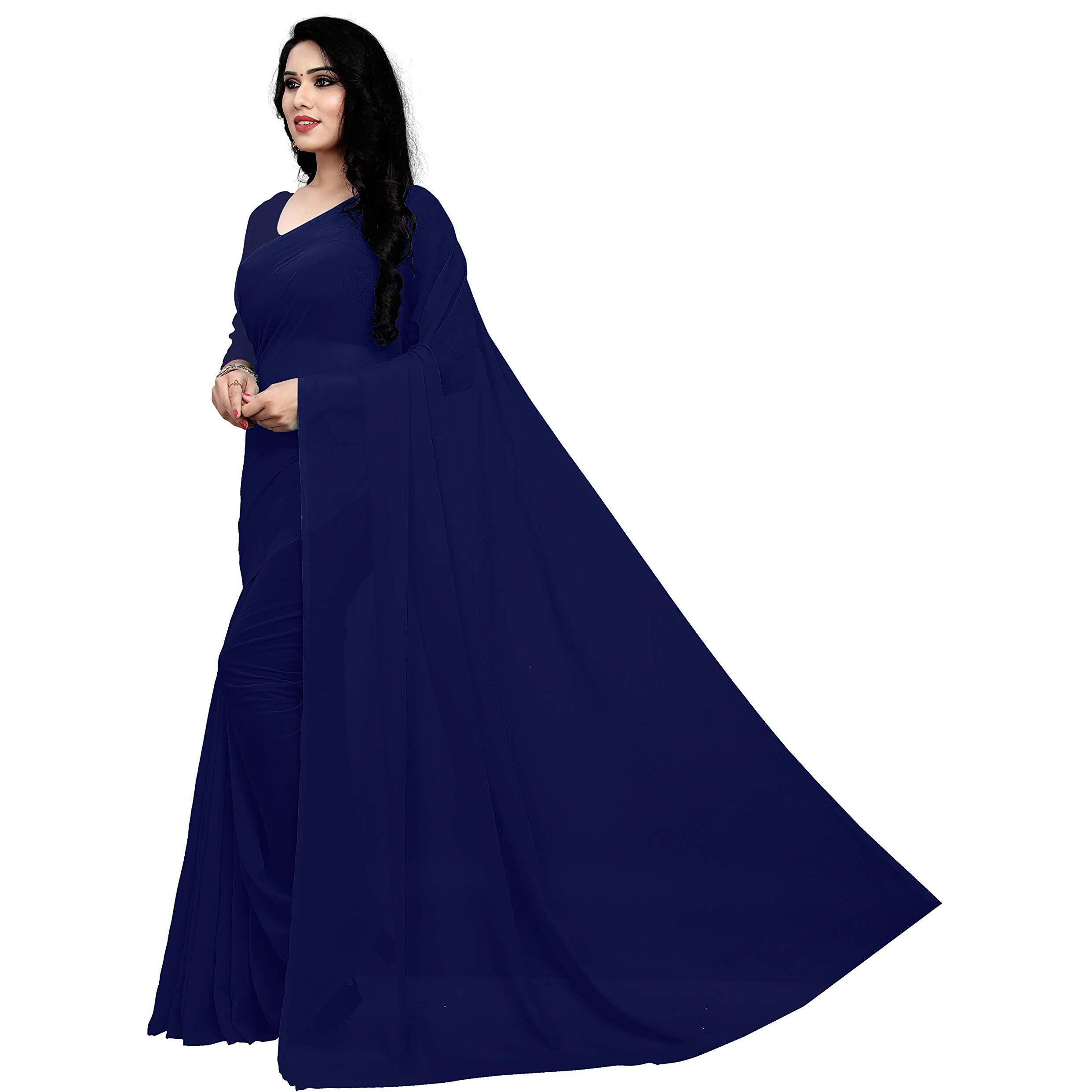 Sidhidata Textile Womens Plain Solid Pure Georgette saree With Unstitched Blouse Piece (plain navy blue__navy blue_Free Size)