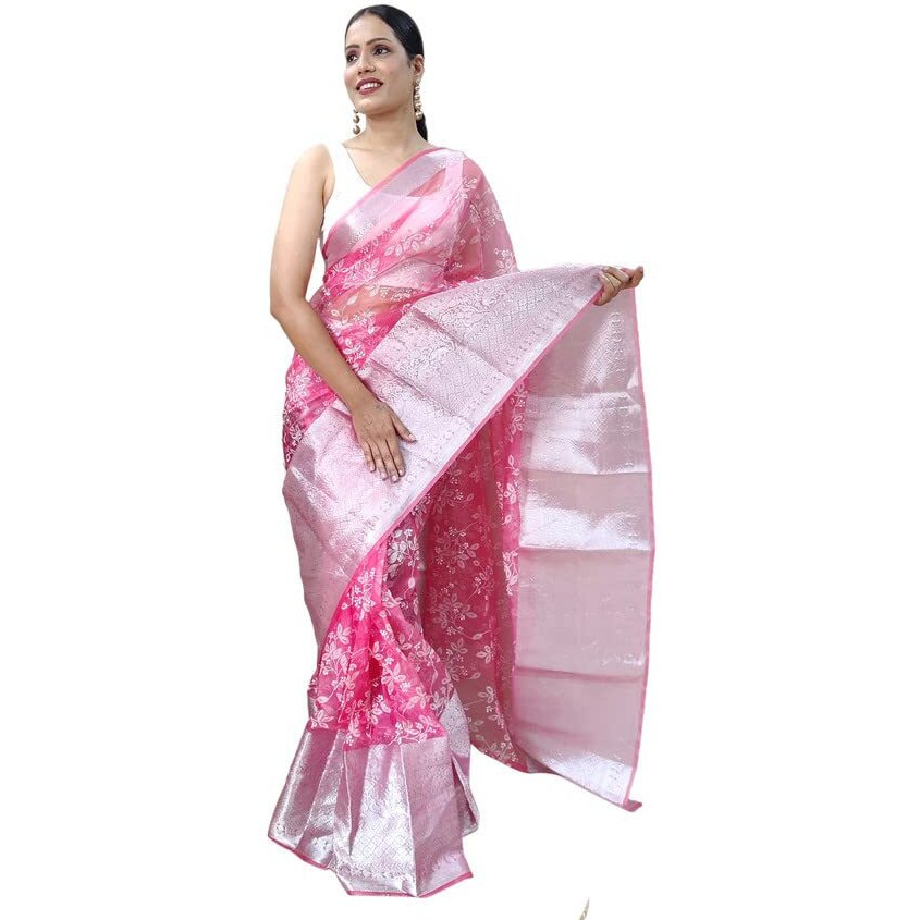 SIRIL Womens Jacquard Border, Printed Organza Saree with Unstitched Blouse(3072S222_Light Pink, Multi)