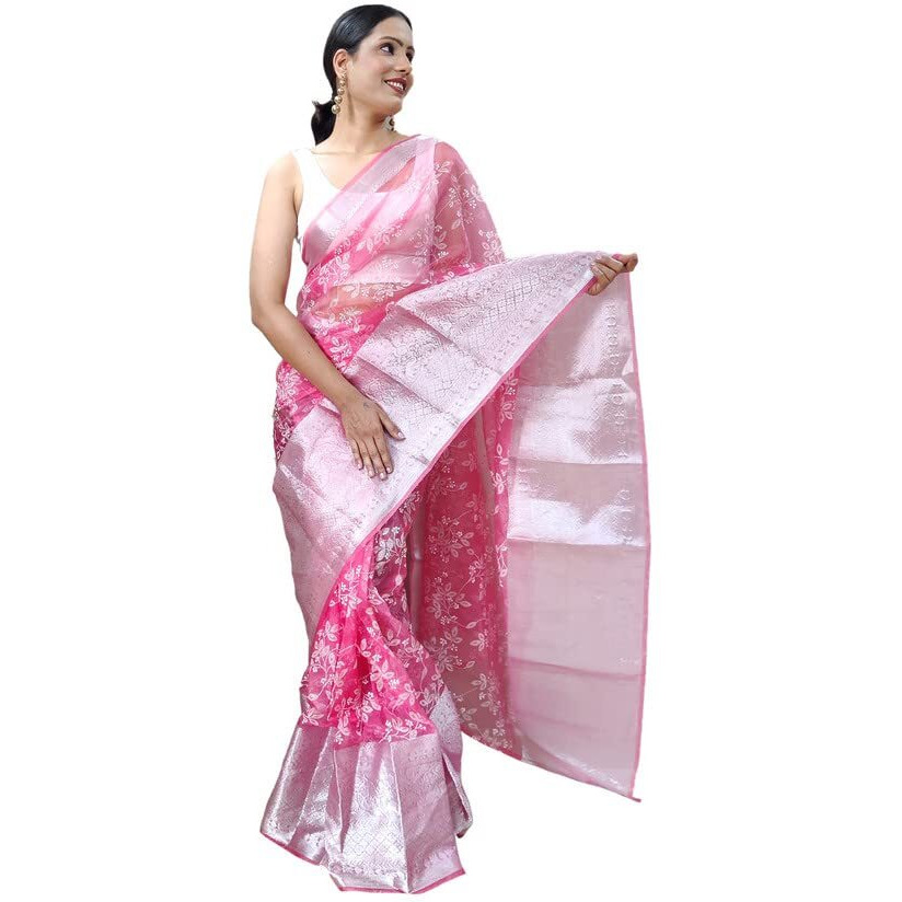 SIRIL Womens Jacquard Border, Printed Organza Saree with Unstitched Blouse(3072S222_Light Pink, Multi)