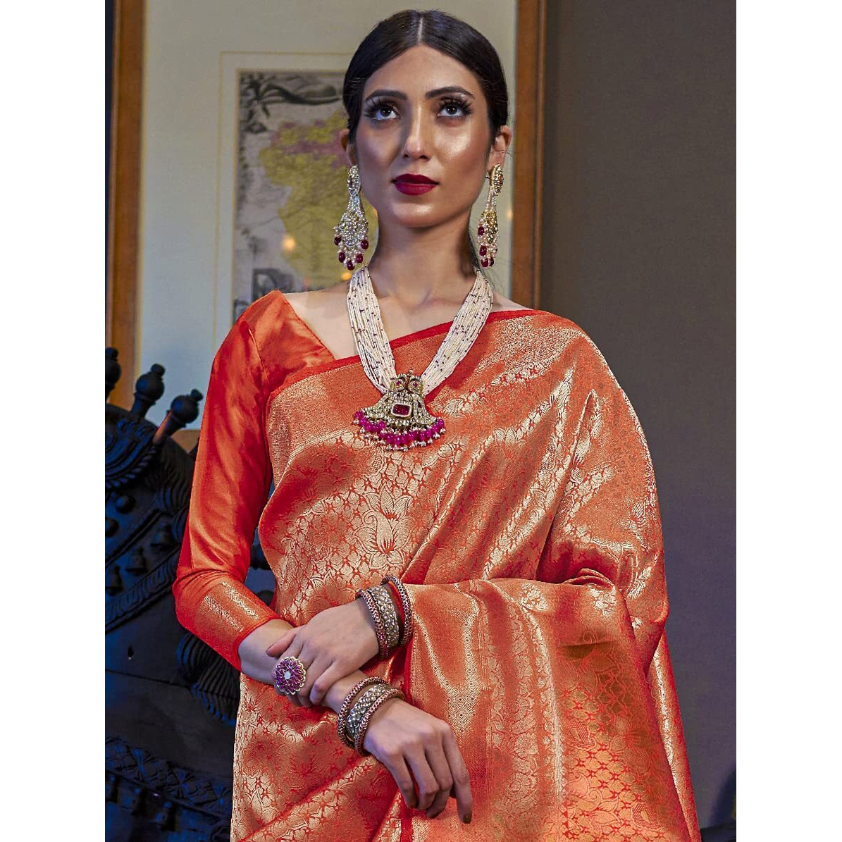 AKHILAM Womens Kanjivaram banarasi silk Woven Design Saree With Unstitched Blouse Piece (Orange_KNDIN145001)