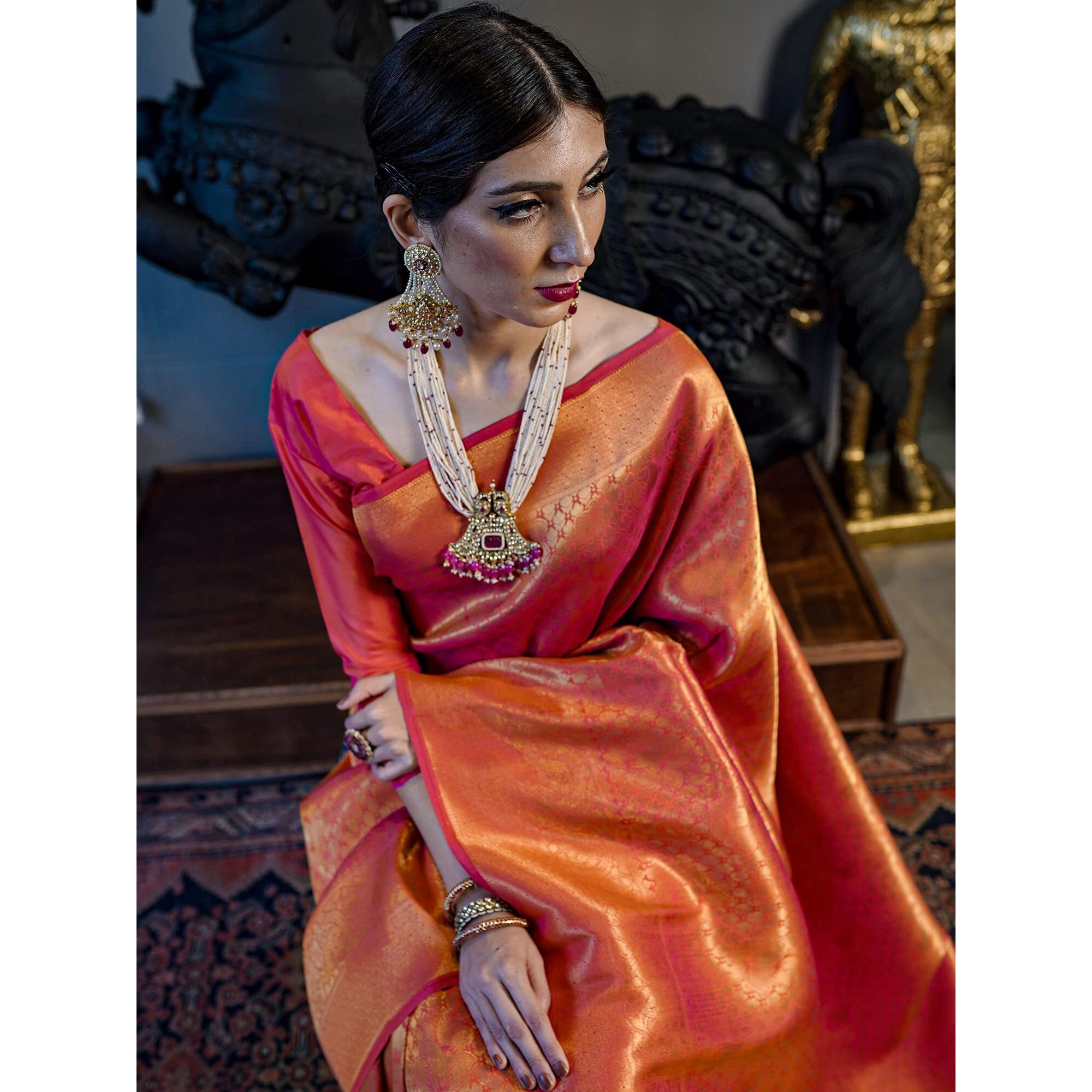 AKHILAM Womens Kanjivaram banarasi silk Woven Design Saree With Unstitched Blouse Piece (Orange_KNDIN145001)