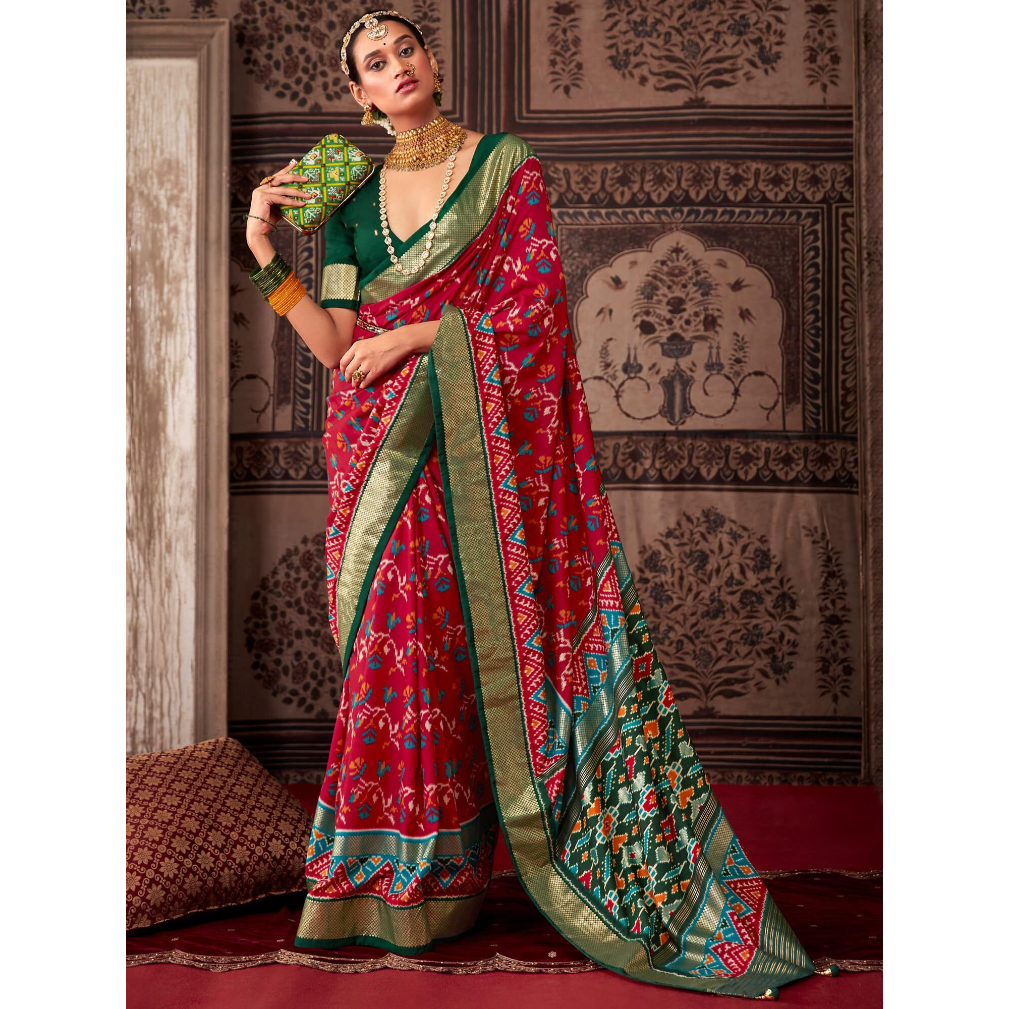 AKHILAM Womens Tussar Silk Ikat Printed Saree With Unstitched Blouse Piece(Pink_AKSHRA1008_SS)