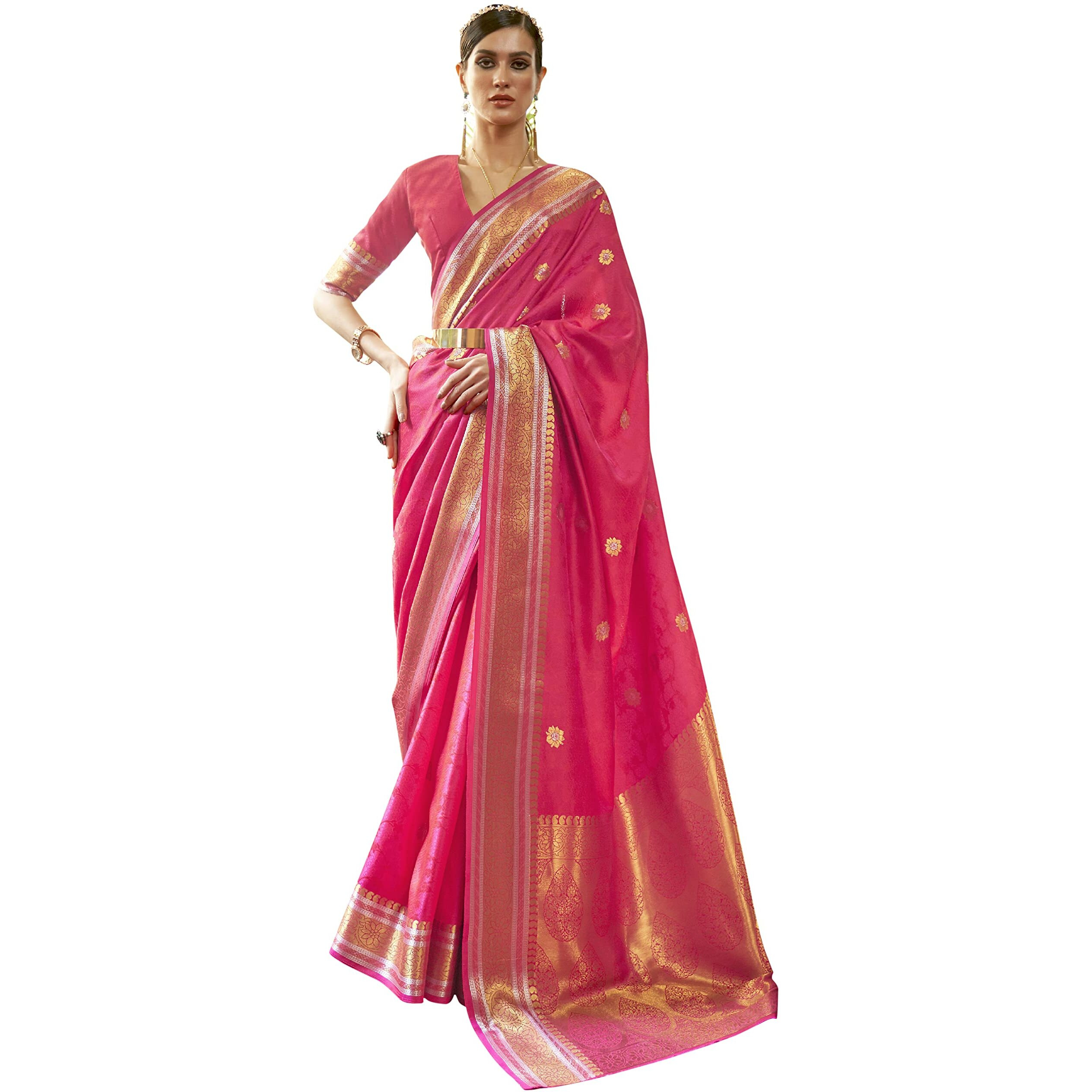 AKHILAM Womens Silk Blend Woven Design Saree with Unstitched Blouse Piece(Pink_KLVI223006)