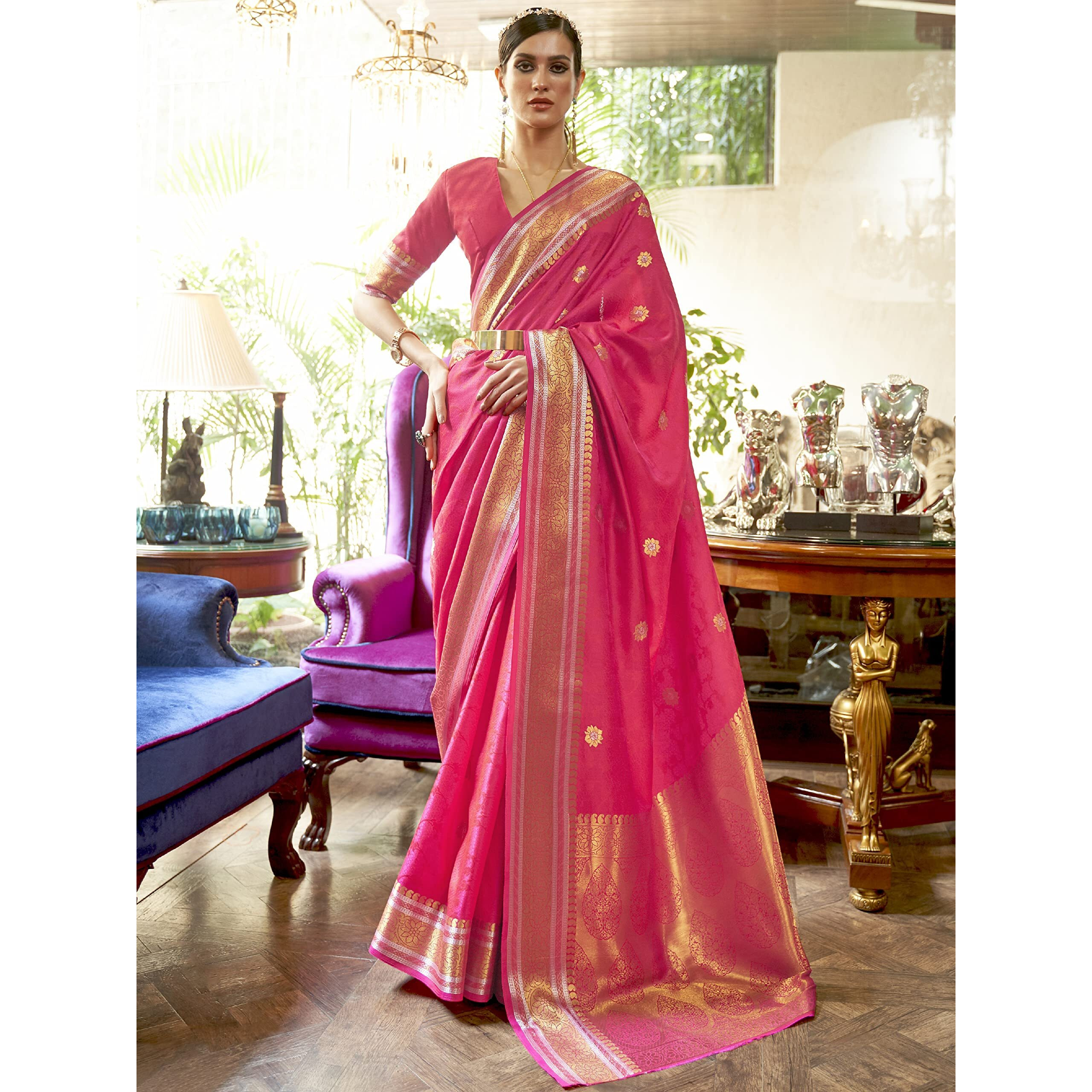 AKHILAM Womens Silk Blend Woven Design Saree with Unstitched Blouse Piece(Pink_KLVI223006)