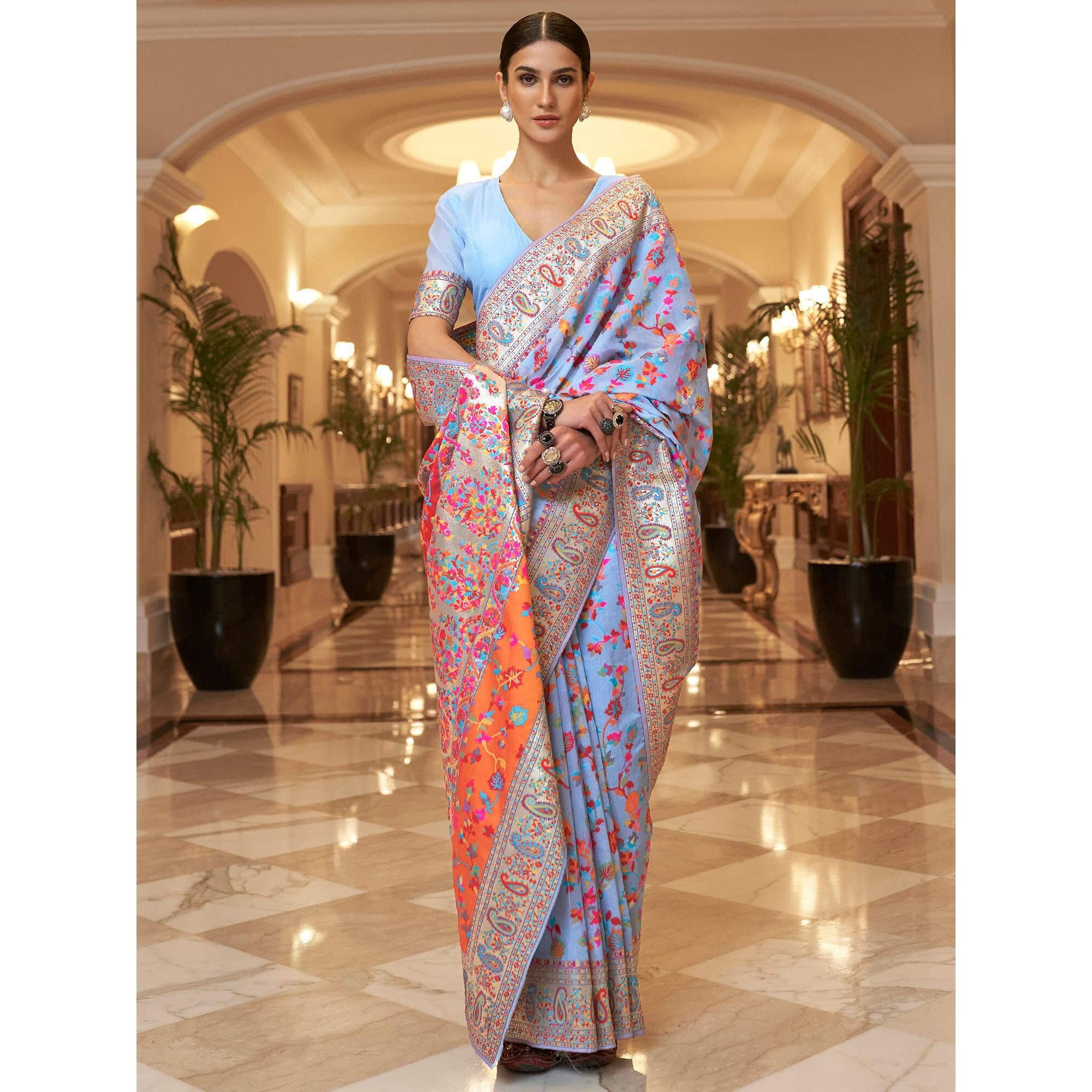 AKHILAM Womens Silk Blend Woven Design Celebrity Saree With Blouse Piece (Blue_KSHFA201001E)