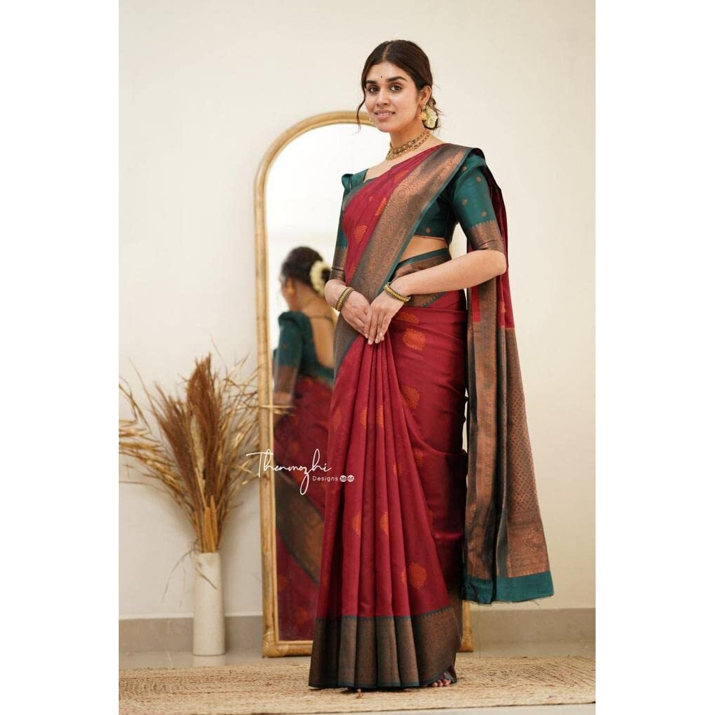 Flosive Womens Present Banarasi Soft Lichi Silk Saree Beautiful Jacquard Rich Pallu Design Work Zari Woven Kanjivaram Silk Style Saree With Soft Lichi Silk Blouse Piece Ayn Royal (Red)