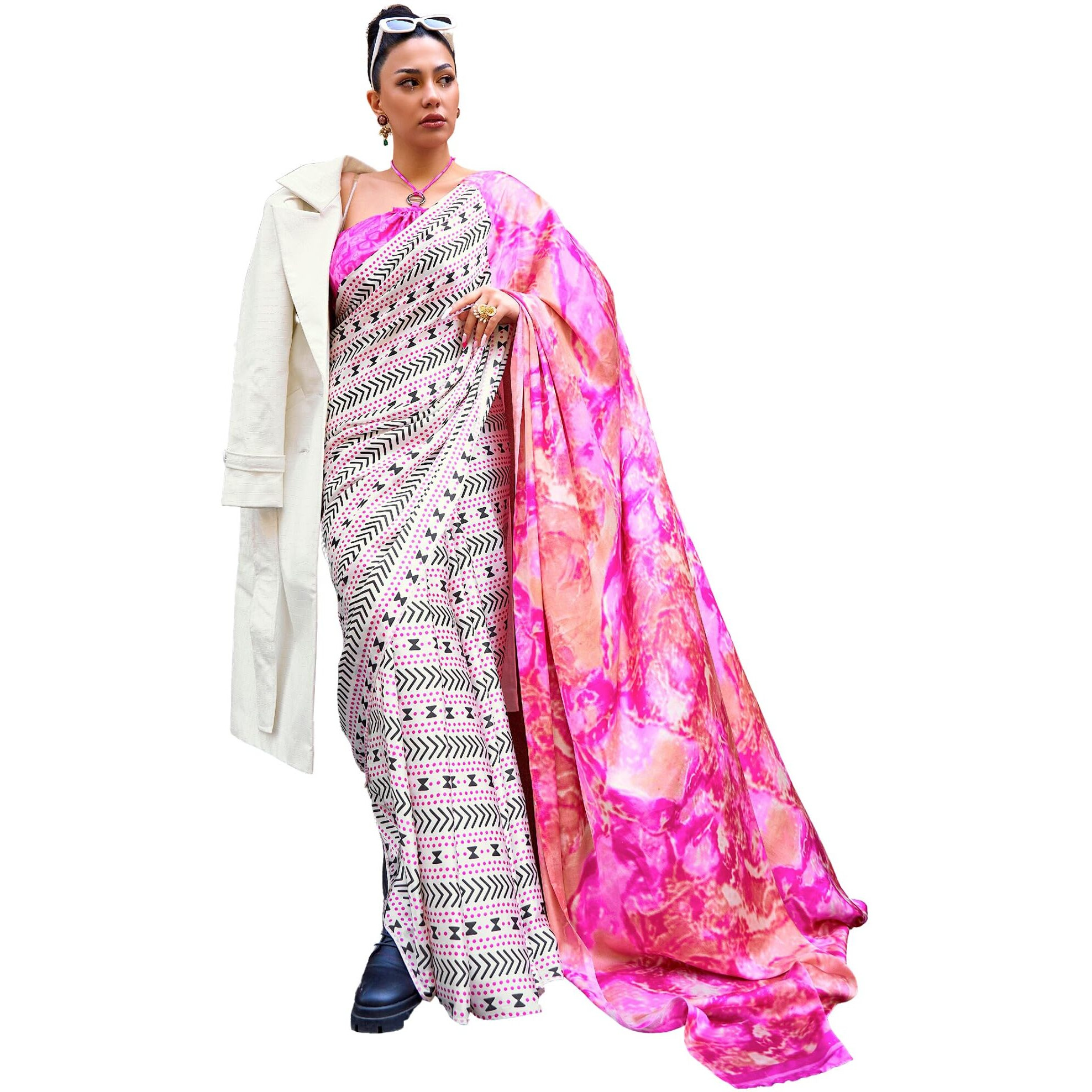 AKHILAM Womens Crepe Digital Print Designer Saree With Unstitched Blouse Piece (Off White_KUBIK324016_RJ)