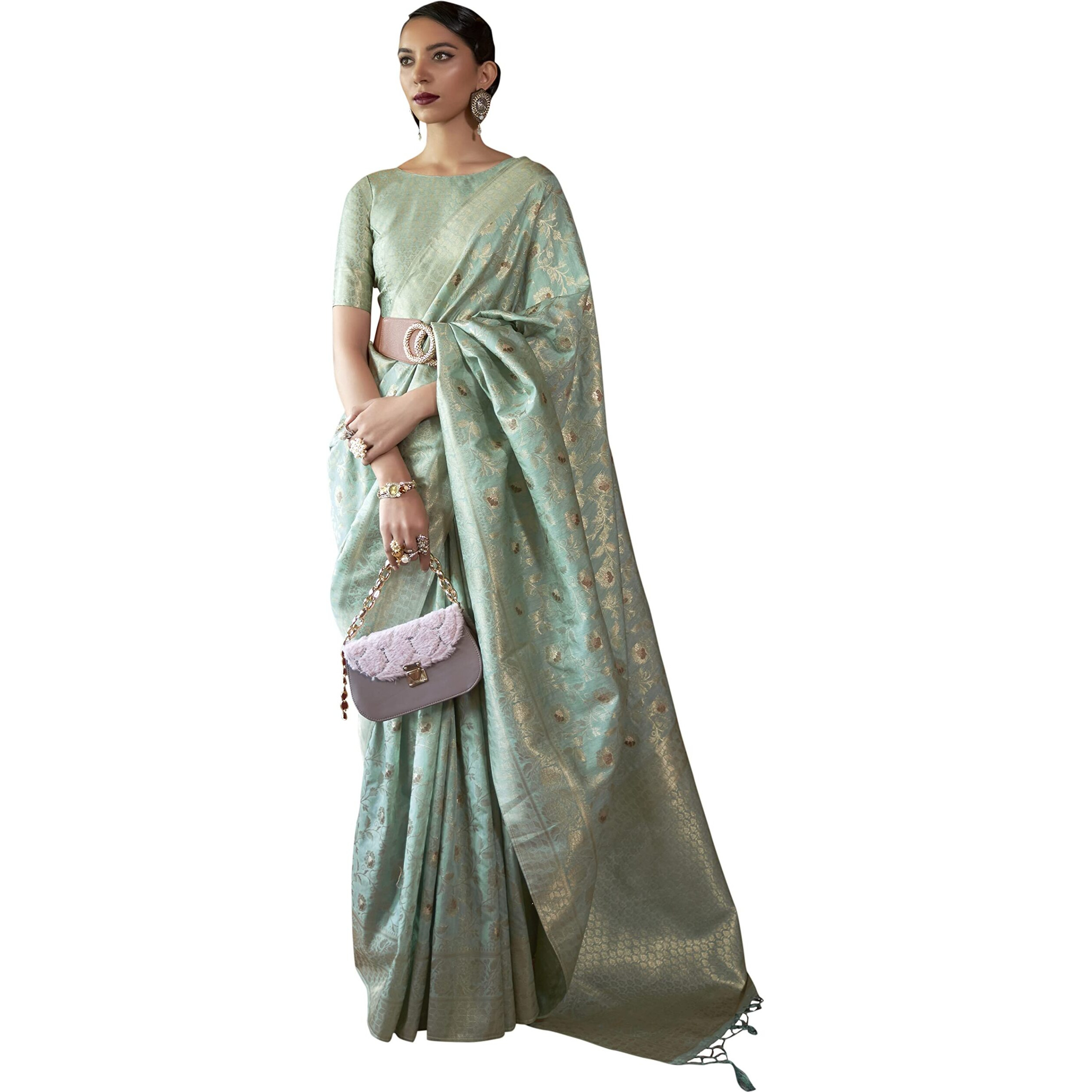 AKHILAM Womens Silk Blend Woven Design Saree With Unstitched Blouse Piece (Sea Green_KIRPAN281001_RJ)