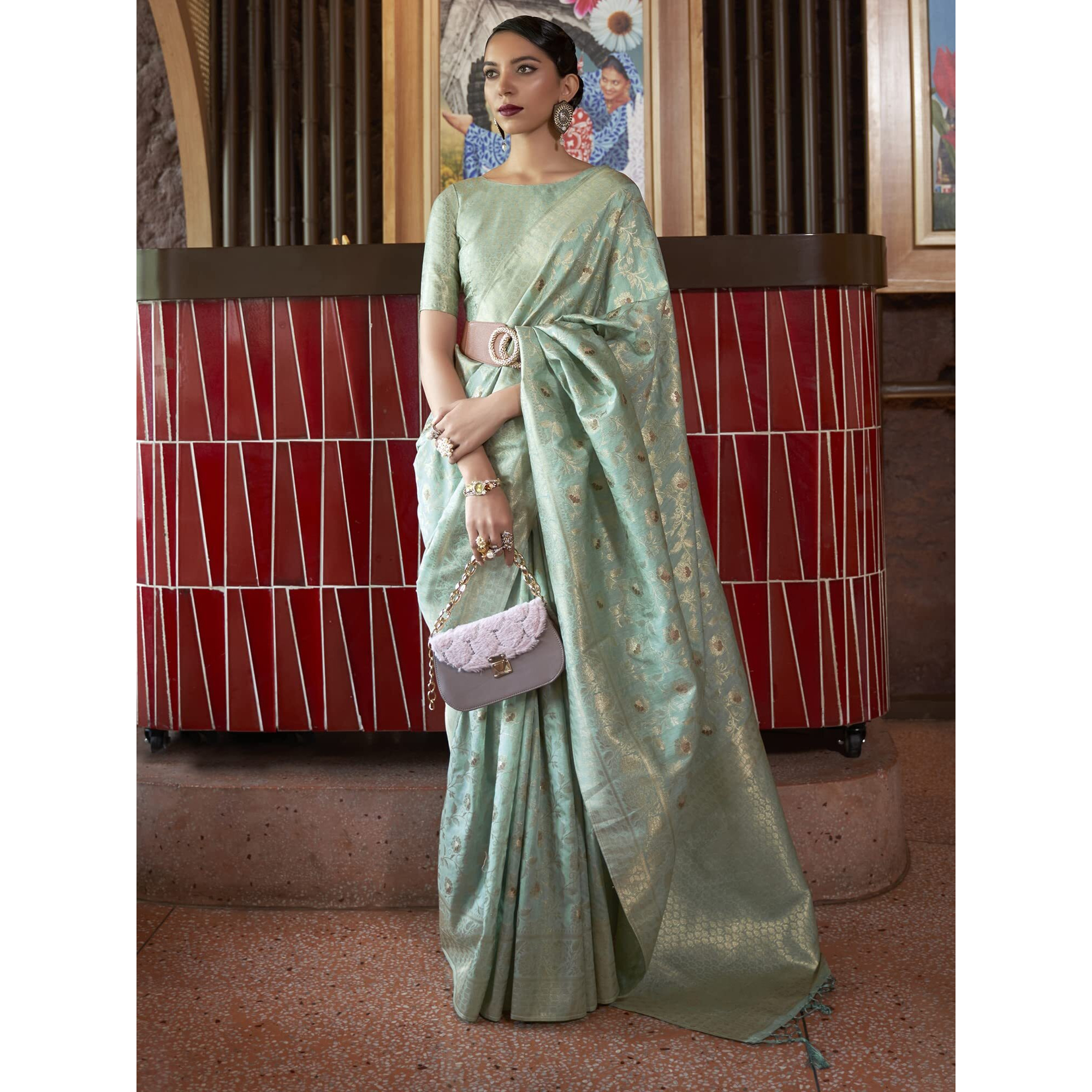 AKHILAM Womens Silk Blend Woven Design Saree With Unstitched Blouse Piece (Sea Green_KIRPAN281001_RJ)