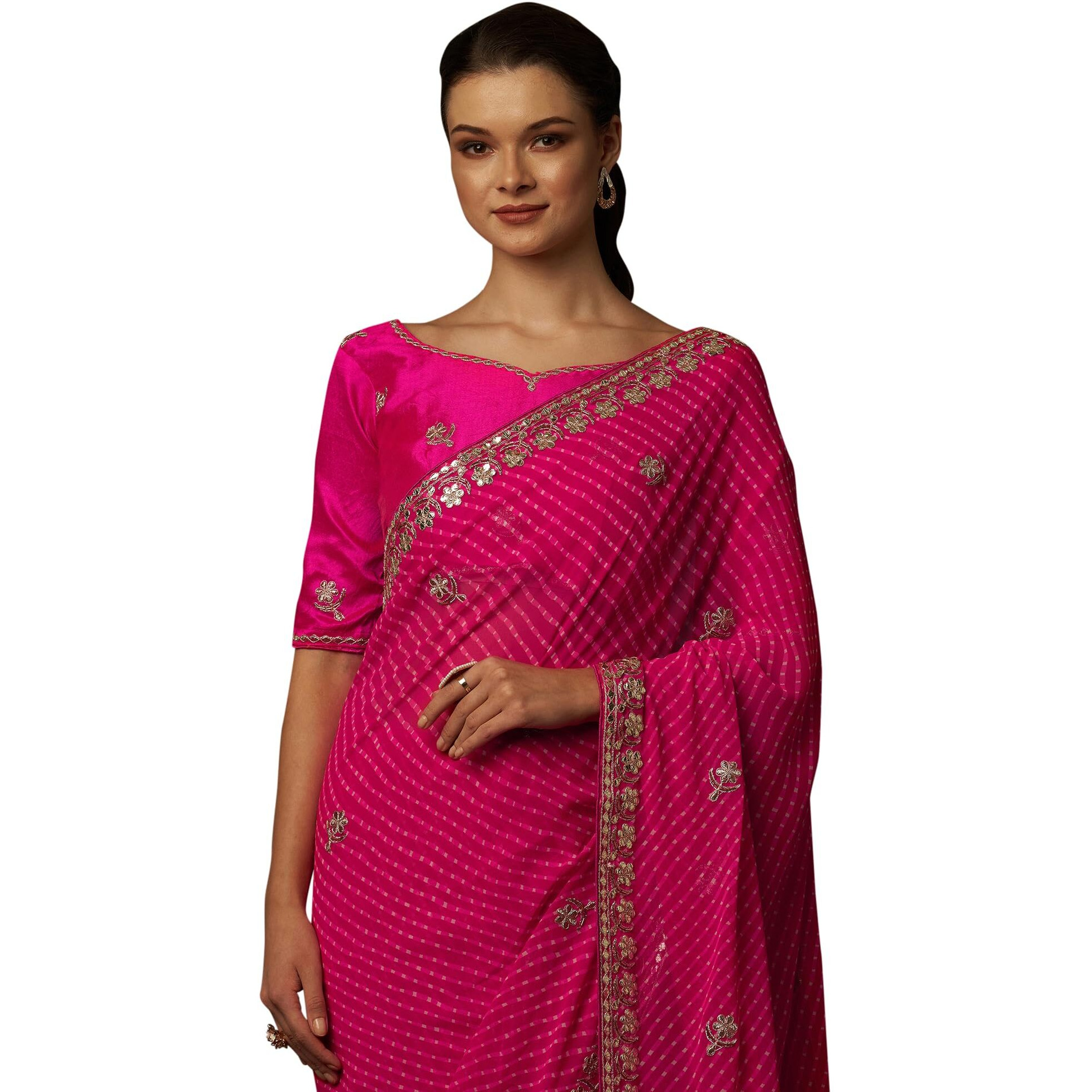 AKHILAM Womens Embellished Gota Work Georgette Bandhani Saree With Unstiched Blouse Piece (Barbie Pink_DHNIYA400_DC)