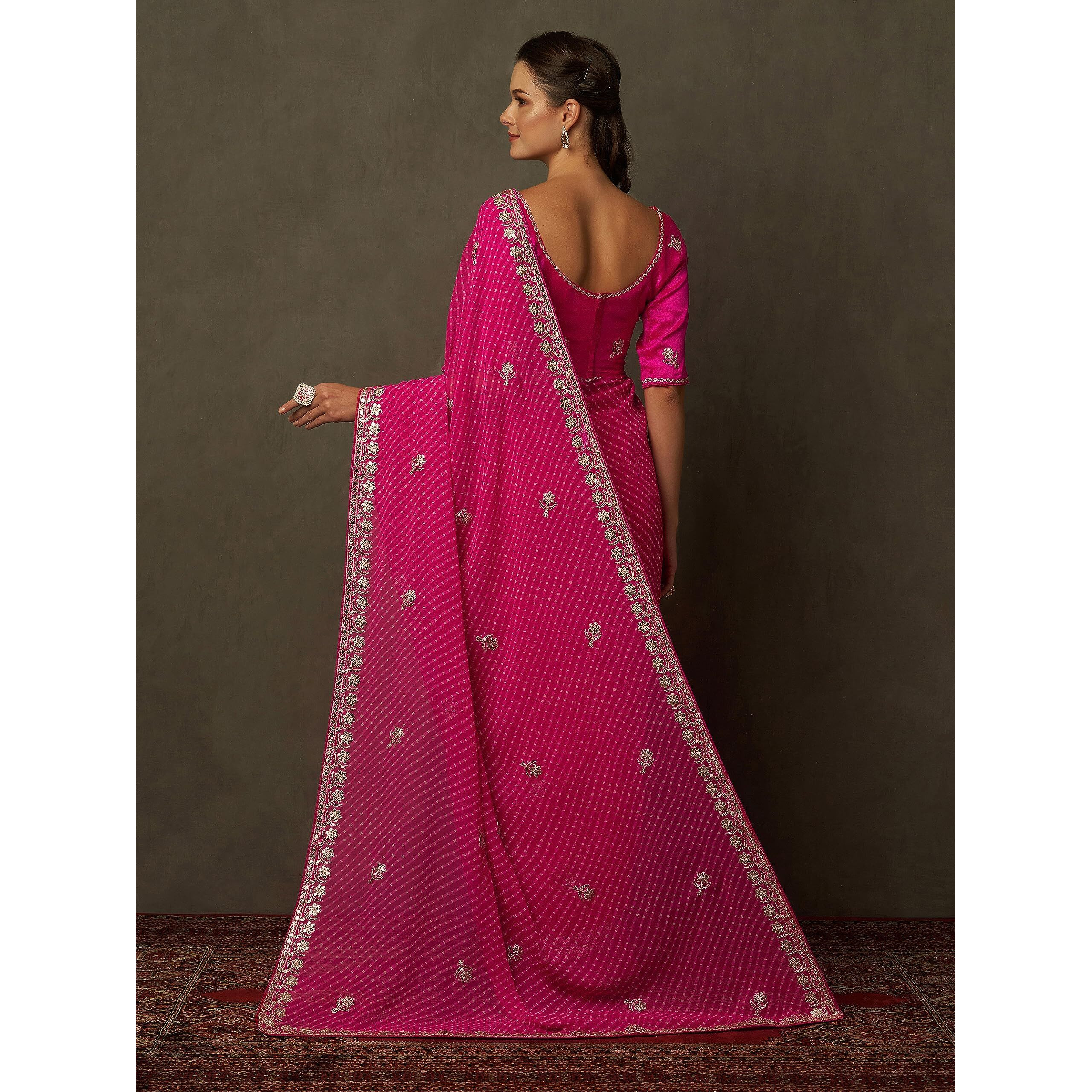 AKHILAM Womens Embellished Gota Work Georgette Bandhani Saree With Unstiched Blouse Piece (Barbie Pink_DHNIYA400_DC)