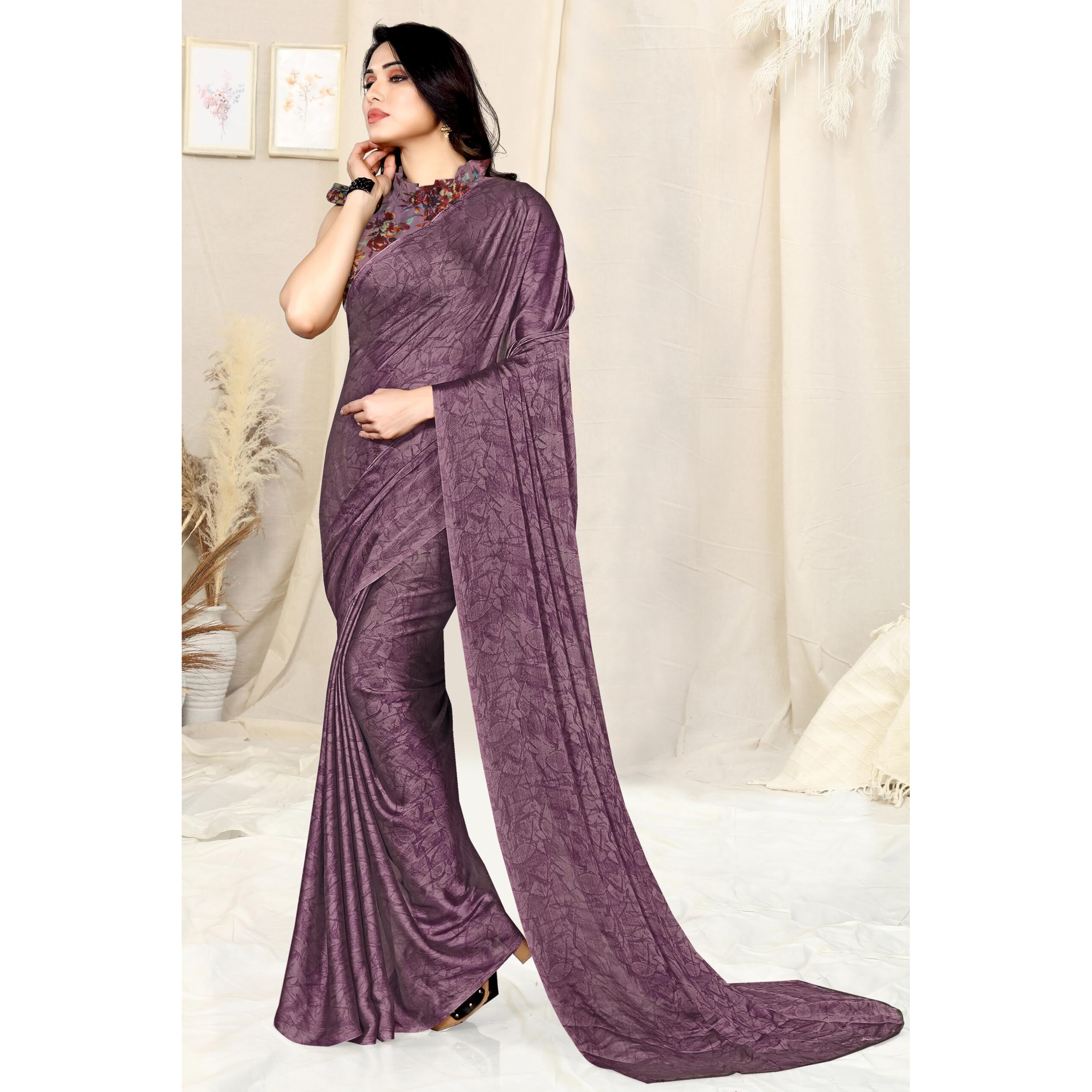 SOURBH Womens Plain Weave Chiffon Saree with Blouse Piece (25764A-Wine)